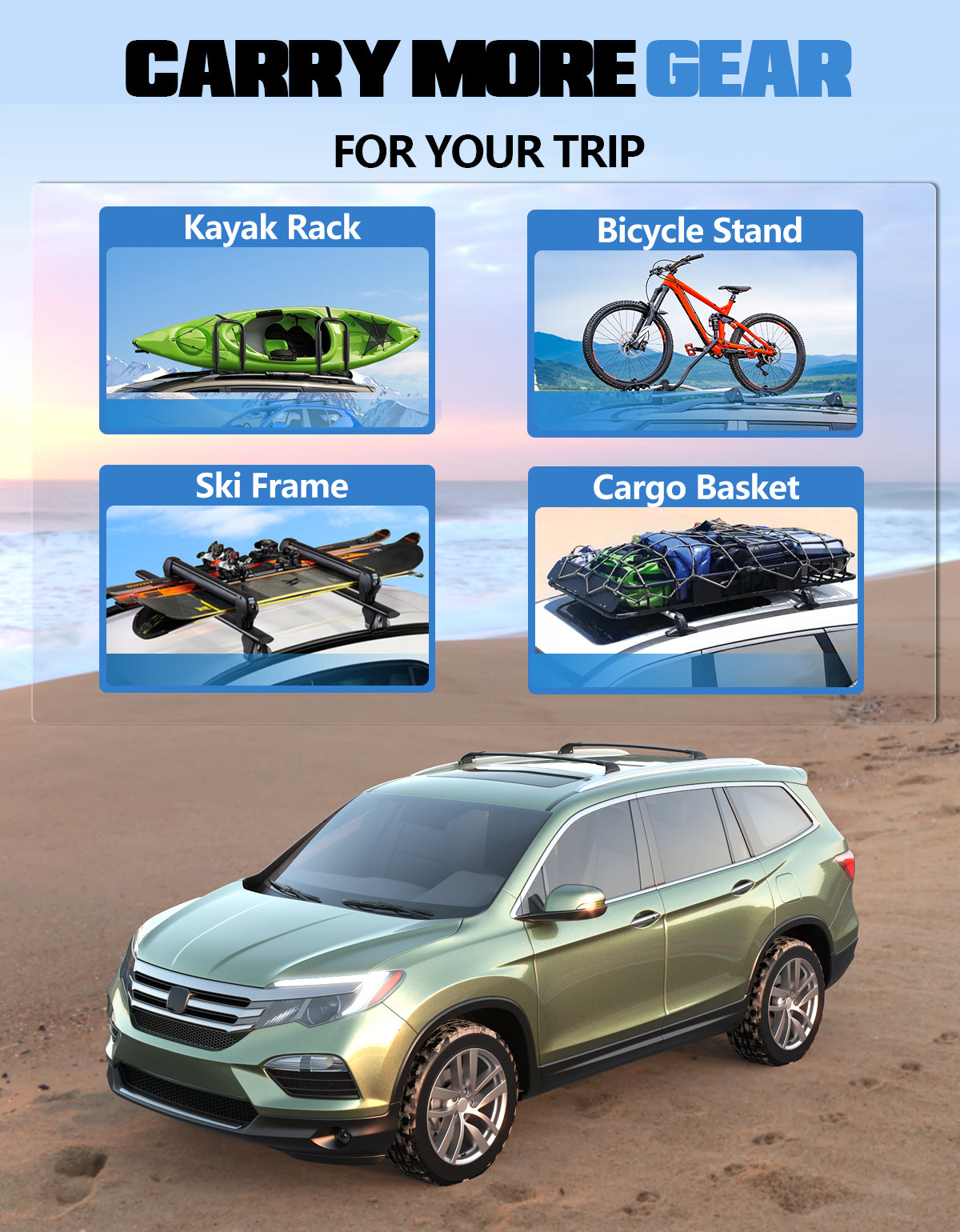 220lbs Roof Rack Cross Bars Compatible with Honda Pilot 2016-2022 with Flush Rails
