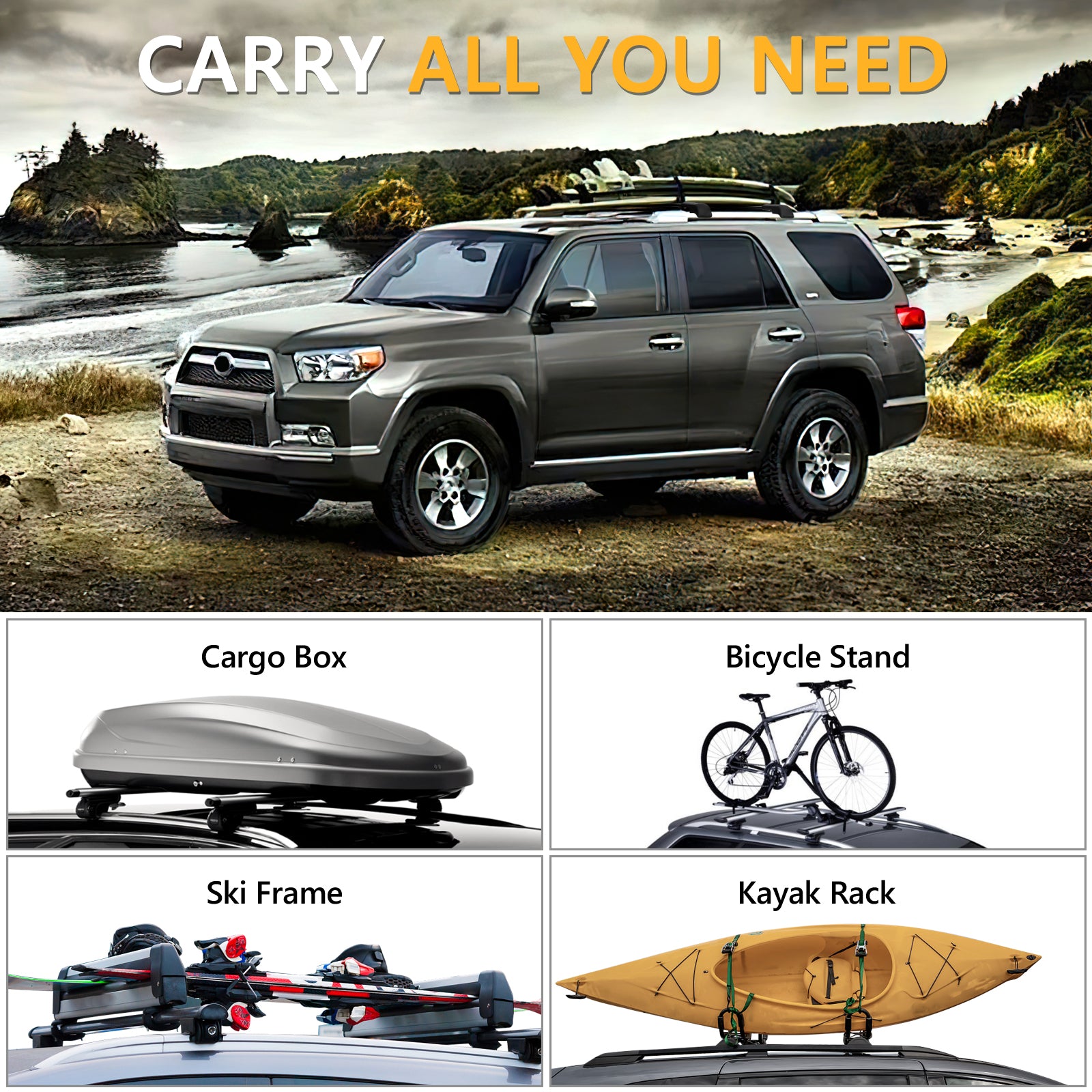 KINGGERI Lockable 220lbs Roof Rack Cross Bars Compatible with Toyota 4Runner 2010-2024 with Side ROOF Rails