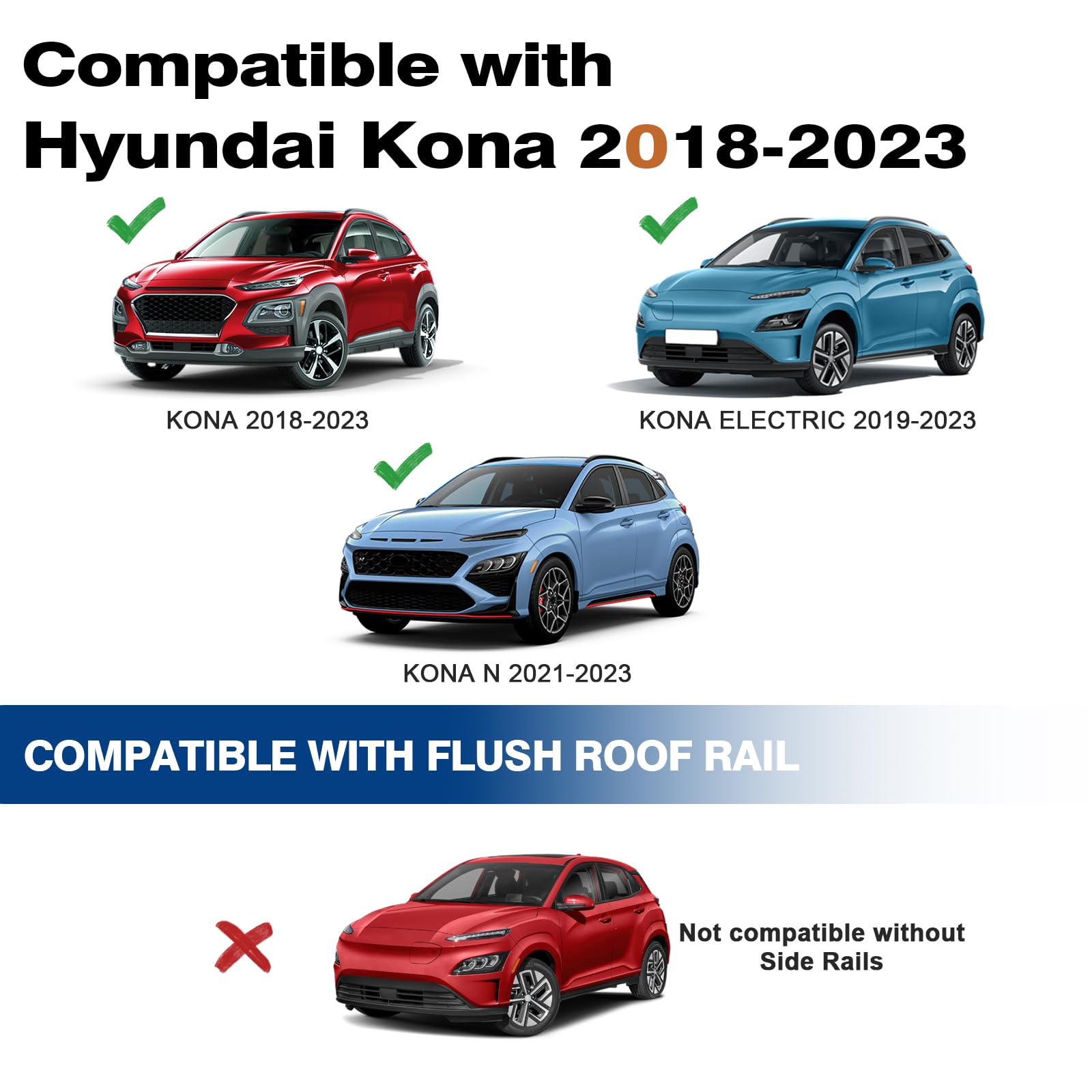 Roof Rack Cross Bars 220lbs Compatible with 2018-2023 Hyundai Kona & Kona N & Kona Electric with Flush Side Rails