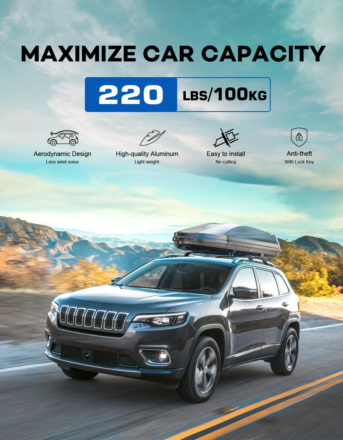 Lockable Roof Rack Cross Bars 220lbs Compatible with Jeep Cherokee 2014-2023