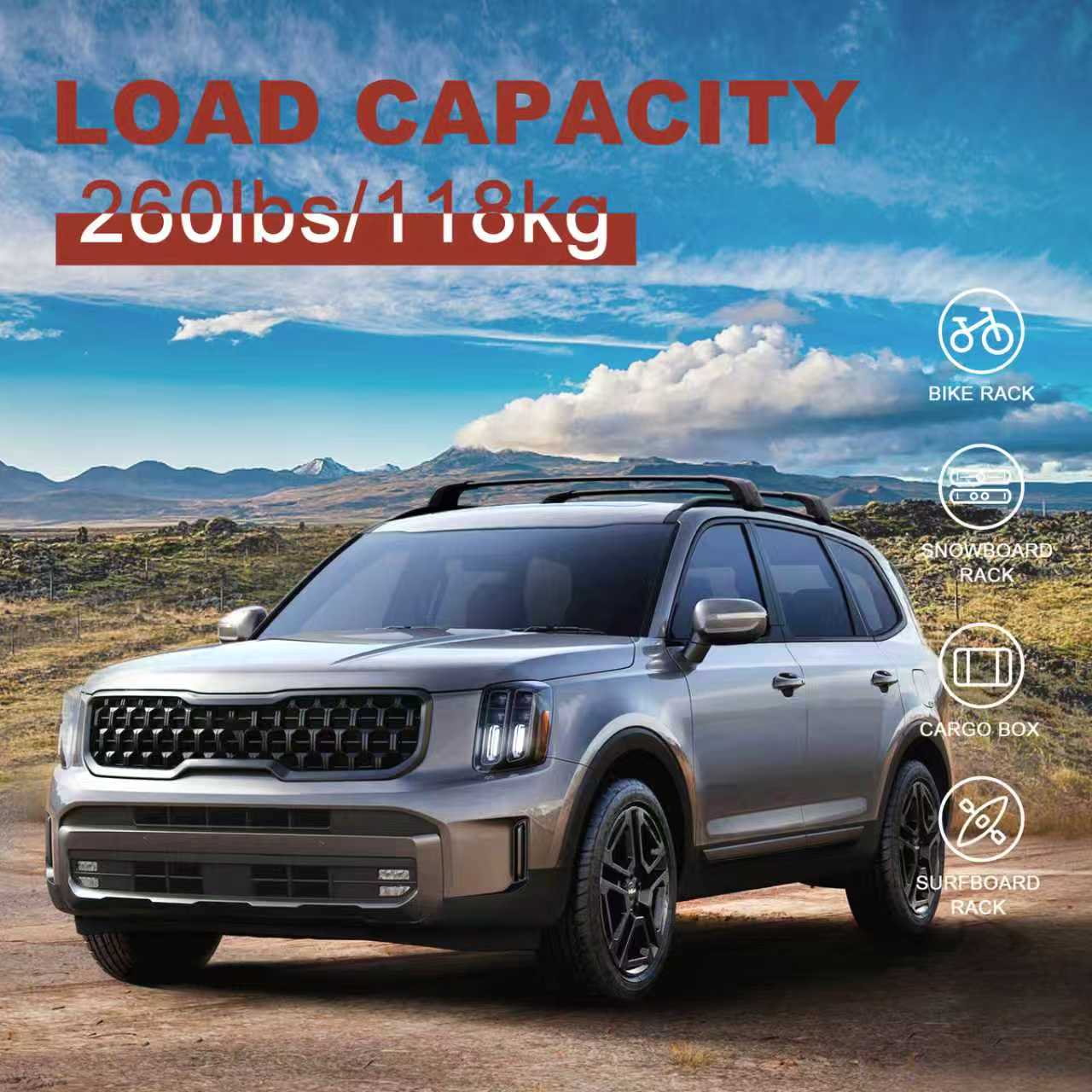 KINGGERI 260lbs Roof Rack Cross Bars Fit for Kia Telluride 2019-2025 EX S SX SX-Prestige (Not for LX, X-Line or X-Pro)