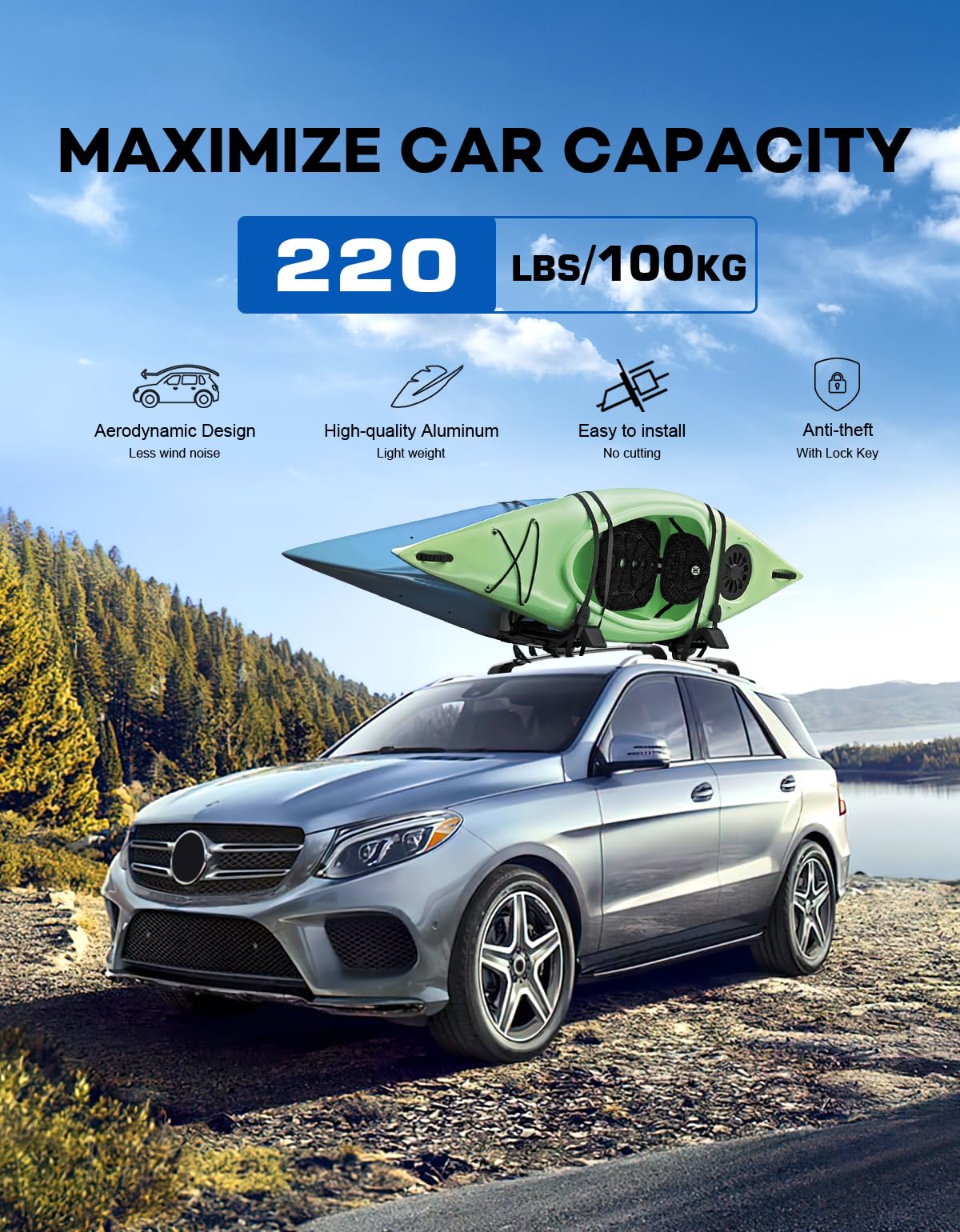KINGGERI Roof Rack Cross Bars 220lbs Compatible with Mercedes Benz GLE 2015-2025 with Raised Side Rails