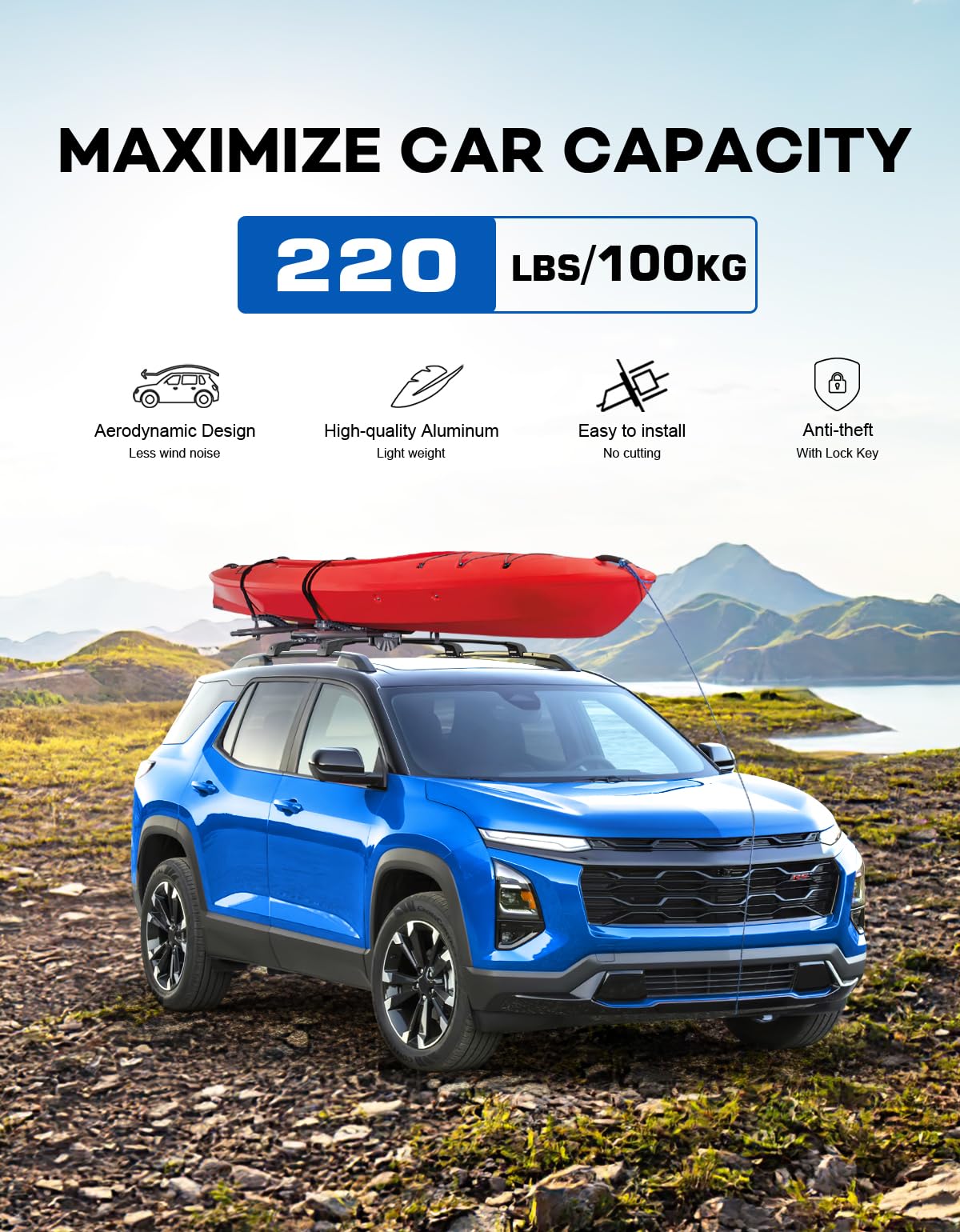 220lbs Roof Rack Cross Bars Compatible with 2025 Chevy Chevrolet Equinox with Raised Side Rails (Not for EV)