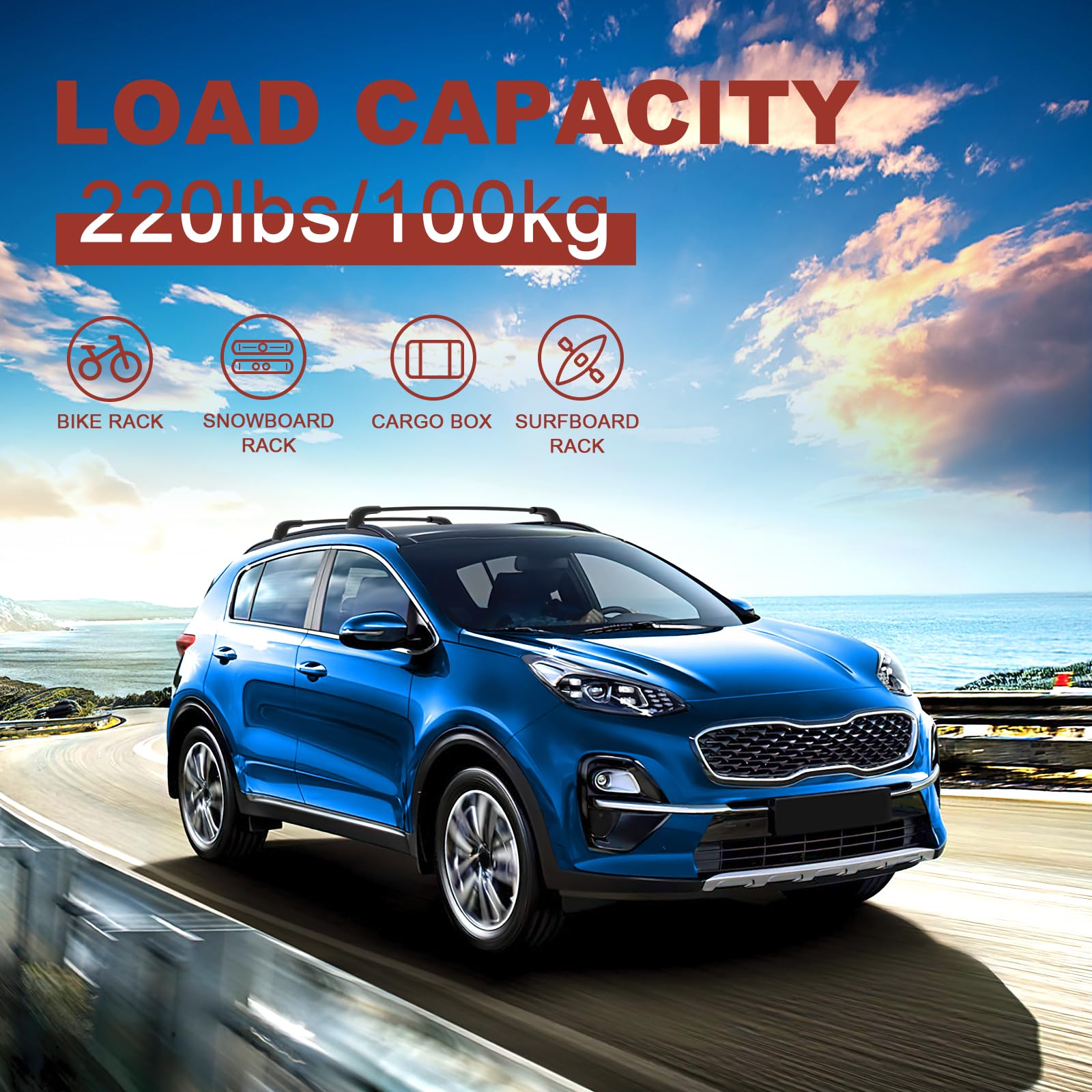220LBS Lockable Roof Rack Cross Bars Compatible with KIA Sportage SX & SX Prestige 2016 2017 2018 2019 2020 2021 2022 2023 2024 2025 (with Flush Side Rails)