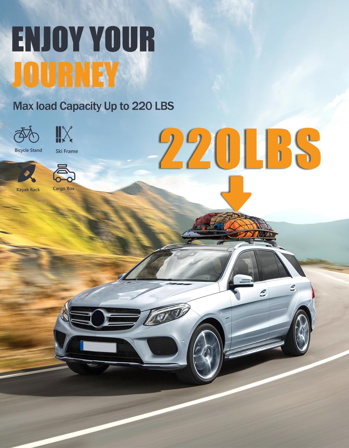 220lbs Lockable Roof Rack Cross Bars Compatible with Mercedes Benz GLE 2015-2025 with Raised Side Rails