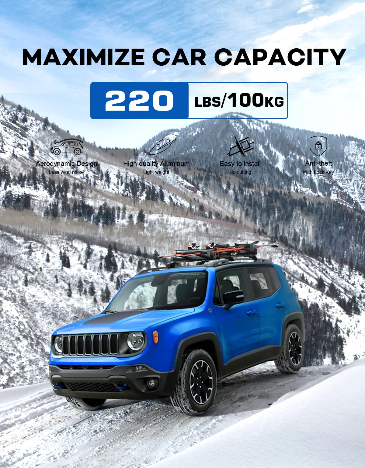 KINGGERI Lockable Roof Rack Cross Bars 220lbs Compatible with 2015-2024 Jeep Renegade (with Raised Side Rails)