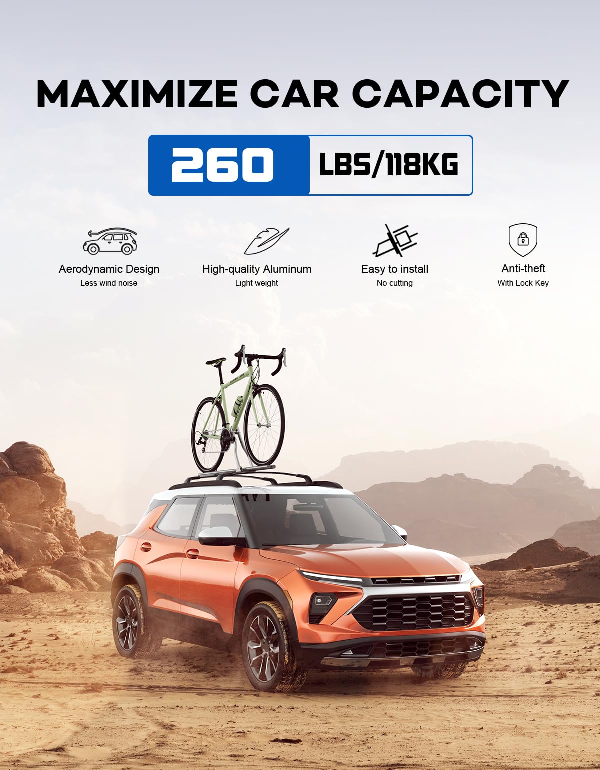 Lockable Roof Rack Cross Bars 260lbs Compatible with Chevy Chevrolet Trailblazer 2021-2025 L LT ACTIV RX