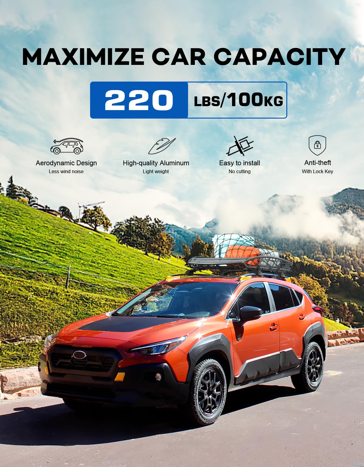 Lockable 220lbs Roof Rack Cross Bars Compatible with Subaru Crosstrek Wilderness 2024 2025 with Raised Side Rails