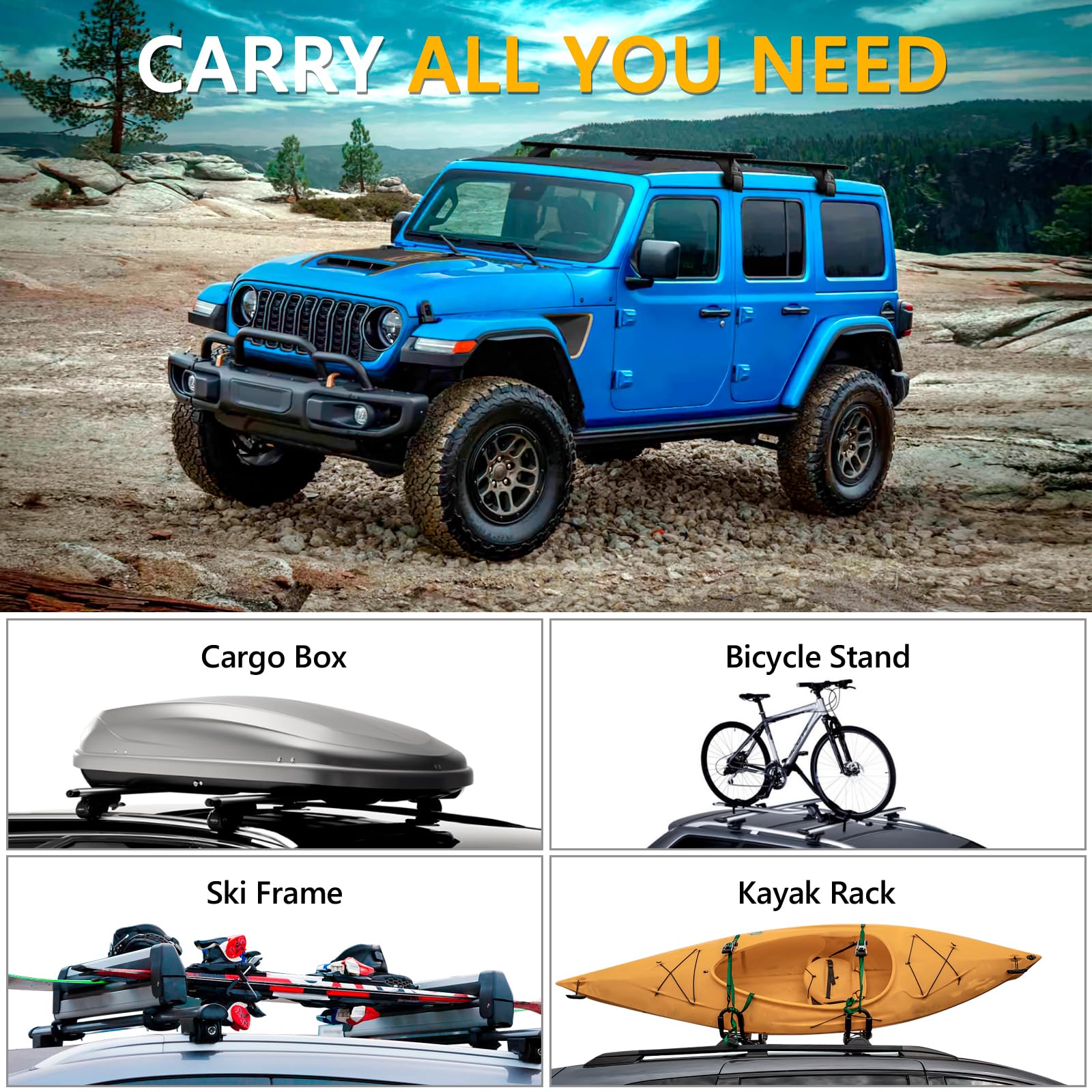 200 lbs Roof Rack Cross Bars Compatible with Jeep Wrangler JK JL Gladiator JT 2007-2024 with Anti-Theft Metal Lock