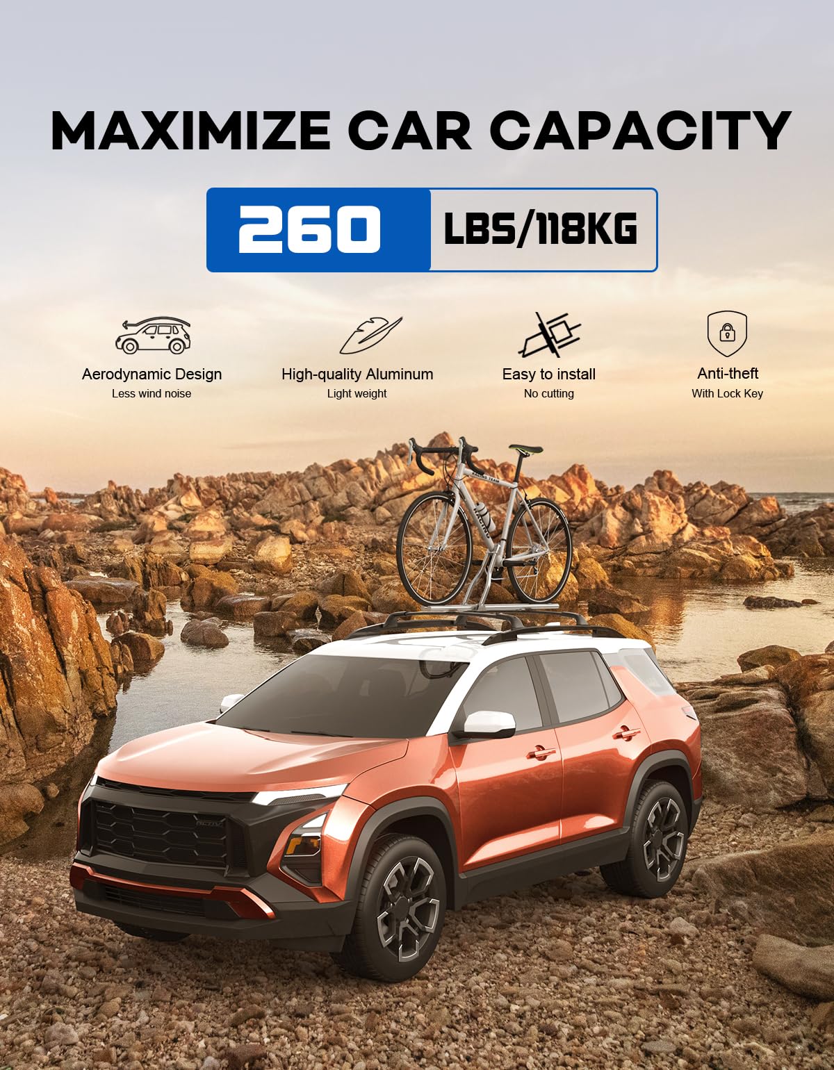 Lockable Roof Rack Cross Bars 260lbs Compatible with 2025 2026 Chevy Chevrolet Equinox with Raised Side Rails (Not for EV)