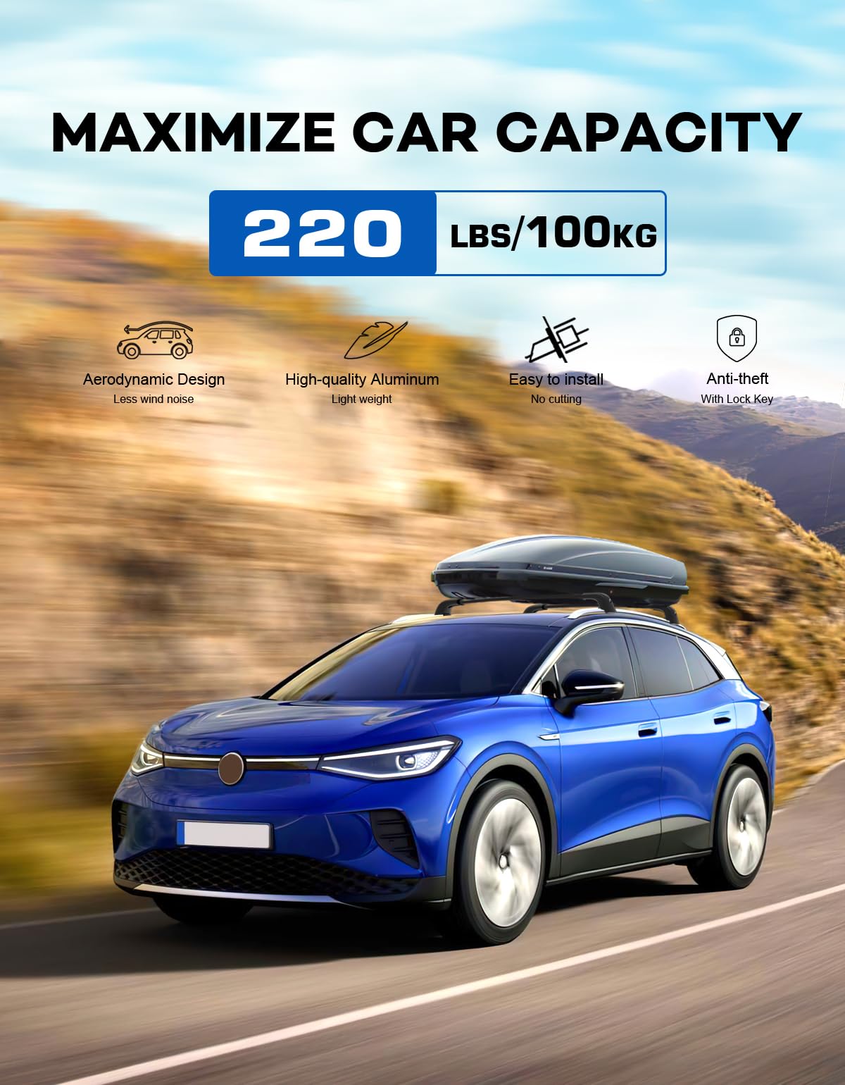 Lockable Roof Rack Cross Bars 220lbs Compatible with Volkswagen VW ID4 ID.4 2021 2022 2023 2024 2025