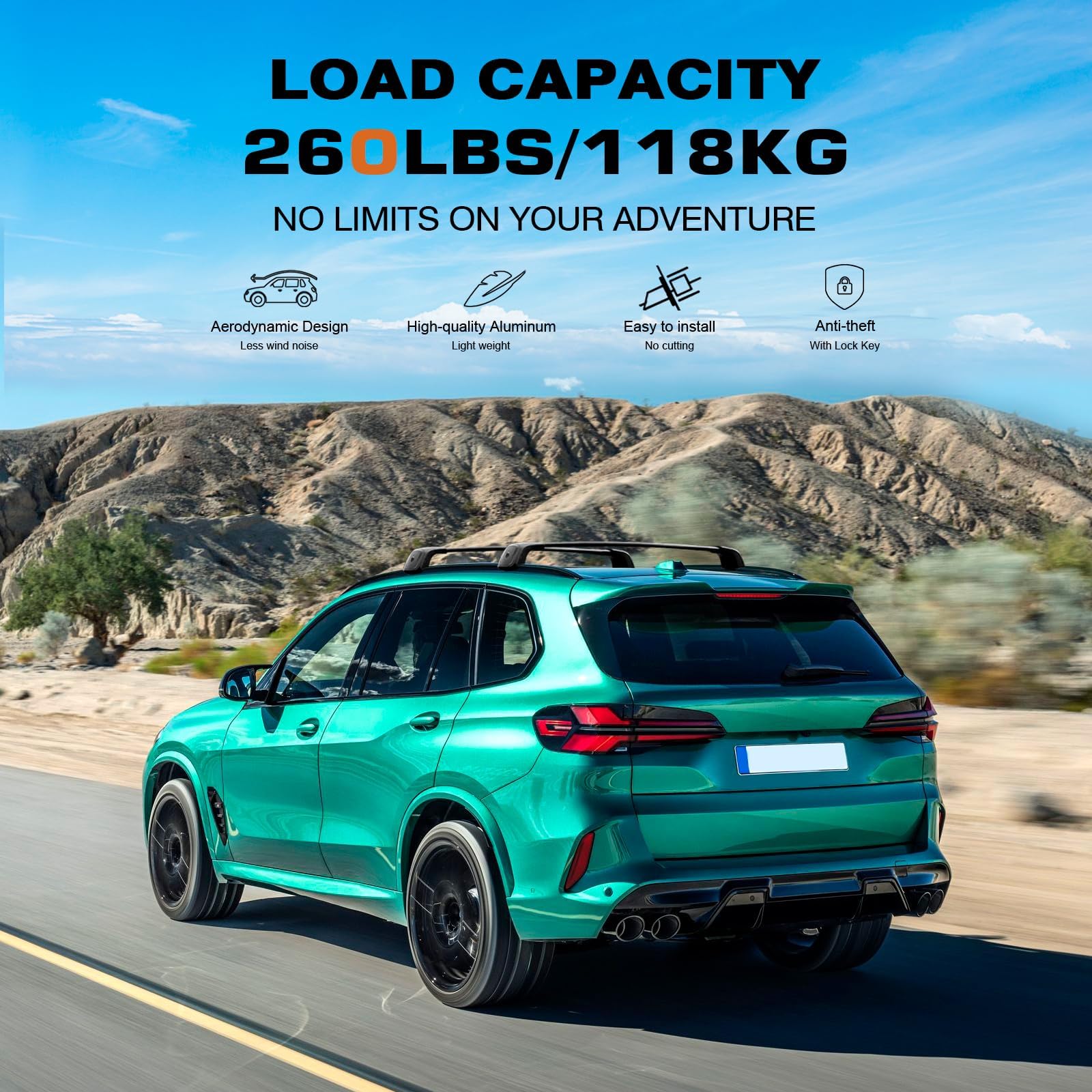 KINGGERI Lockable Roof Rack Cross Bars 260lbs Fit for BMW X5 G05 2019-2025,Heavy Duty Aluminum Roof Rails Crossbars