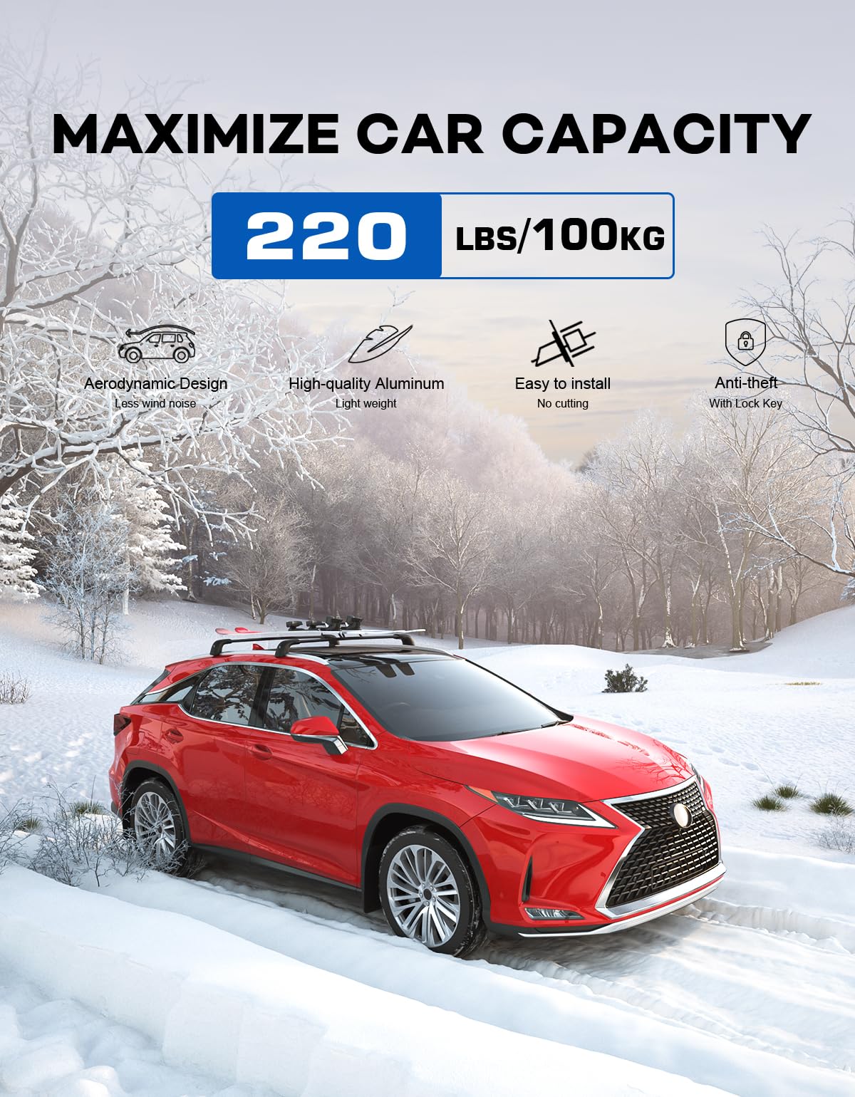 Lockable Roof Rack Cross Bars 220lbs Compatible with Lexus RX 2016-2022 RX350 RX350L RX450h RX450hL(with Flush Side Rails)