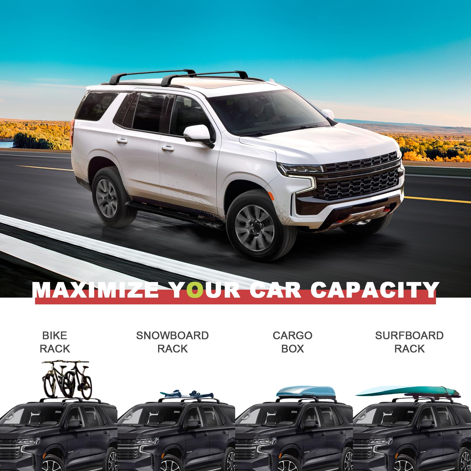Lockable 330lbs Roof Rack Cross Bars Compatible with 2021-2025 Chevy Tahoe & Chevrolet Suburban & GMC Yukon XL & Cadillac Escalade ESV
