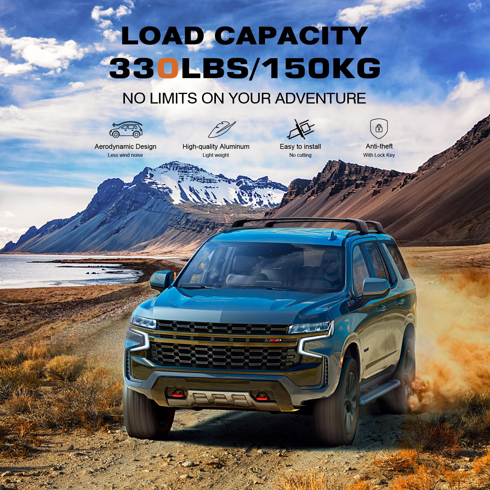 Lockable 330lbs Roof Rack Cross Bars Compatible with 2021 2022 2023 2024 2025 Chevy Tahoe & Chevrolet Suburban & GMC Yukon XL & Cadillac Escalade ESV