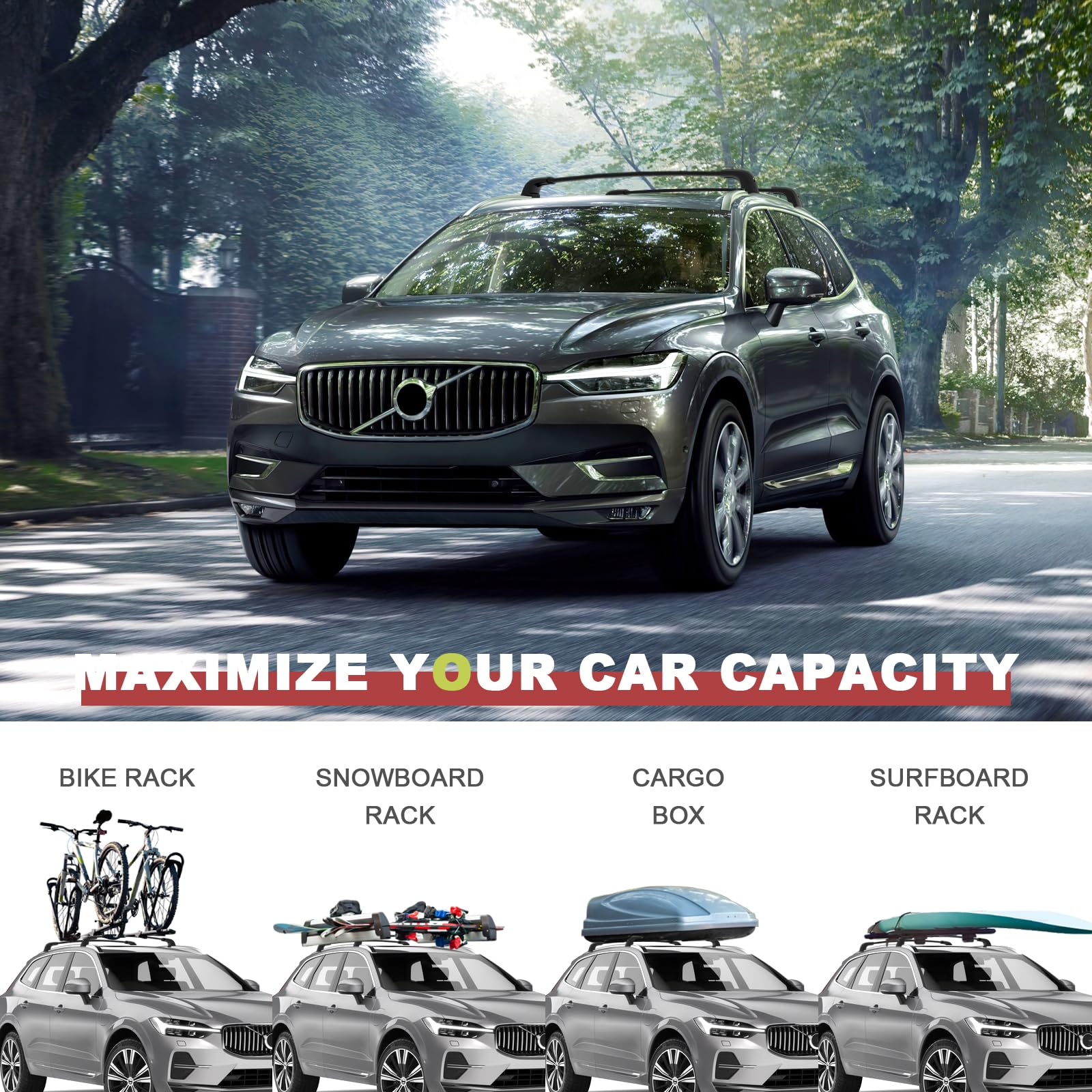 220lbs Lockable Roof Rack Cross Bars Compatible with Volvo XC60 XC-60 2018-2025