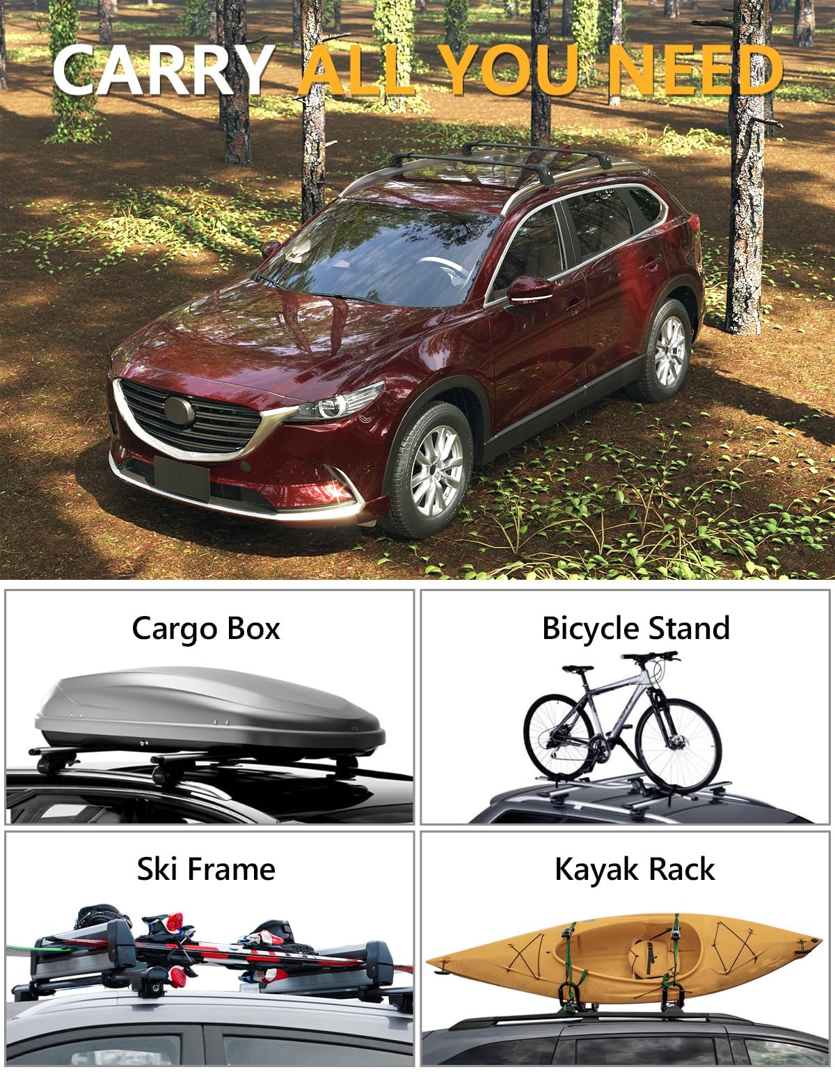 220lbs Lockable Roof Rack Cross Bars Compatible with Mazda CX9 CX-9 2016 2017 2018 2019 2020 2021 2022 2023