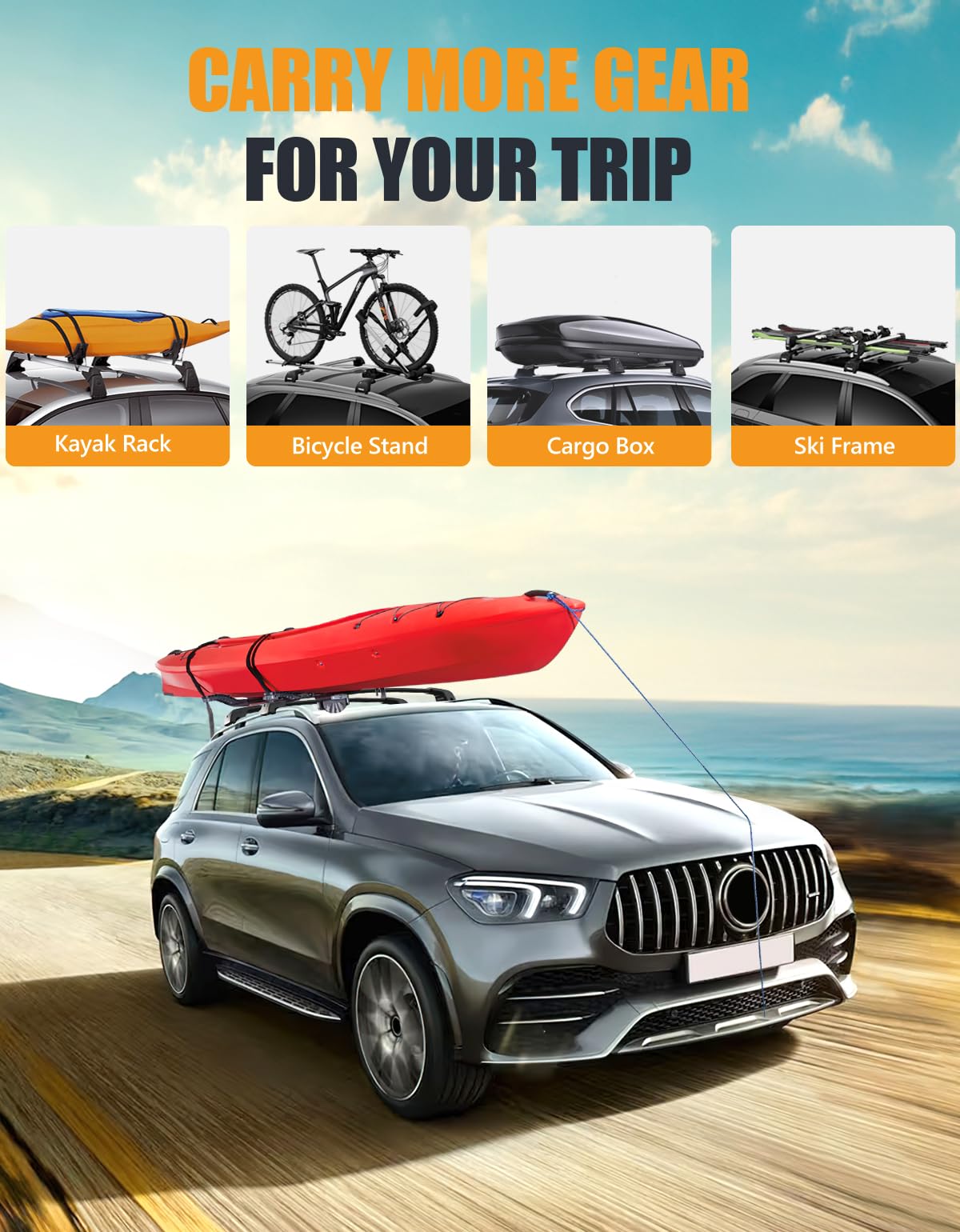 220lbs Lockable Roof Rack Cross Bars Compatible with Mercedes Benz GLE 2015-2025 with Raised Side Rails