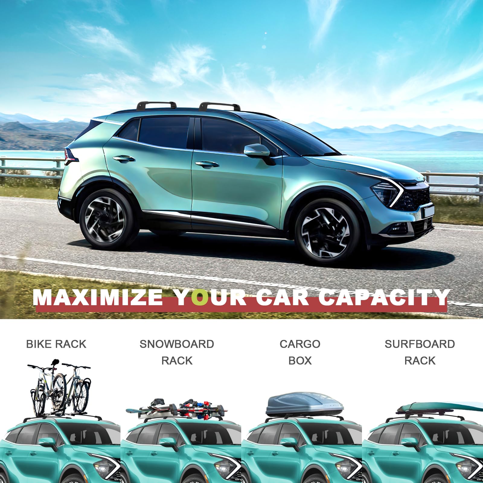 220LBS Lockable Roof Rack Cross Bars Compatible with KIA Sportage SX & SX Prestige 2016 2017 2018 2019 2020 2021 2022 2023 2024 2025 (with Flush Side Rails)