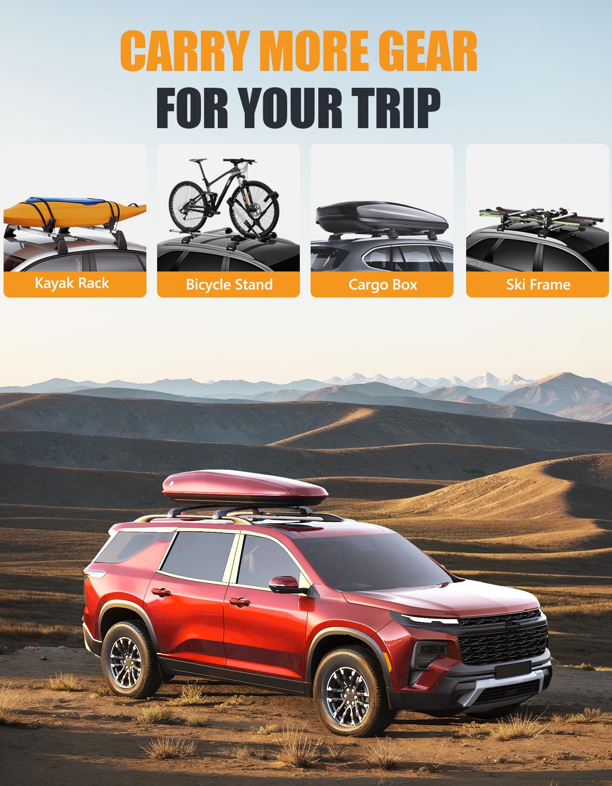220lbs Lockable Roof Rack Cross Bars Compatible with Chevy Chevrolet Traverse 2022 2023 2024 2025 with Raised Side Rails