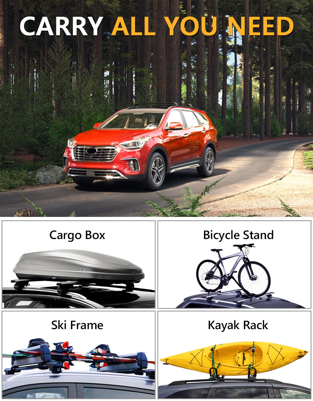 220lbs Lockable Roof Rack Cross Bars Compatible with Hyundai Santa Fe 2013 2014 2015 2016 2017 2018 (with Flush Side Rails)