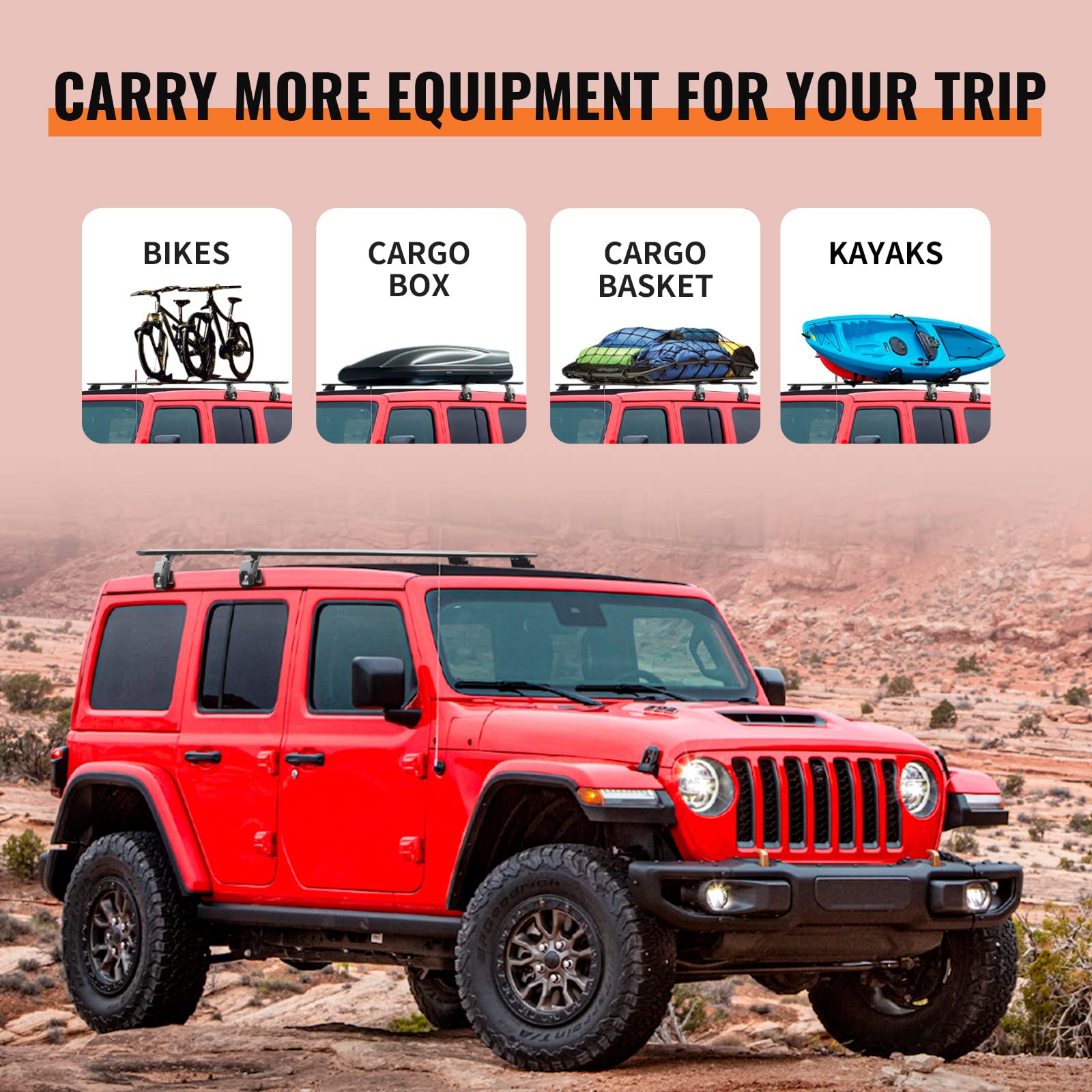 KINGGERI Heavy Duty 330lb Roof Rack Cross Bars Fit for Jeep Wrangler JK JL Gladiator JT 2007-2025, 2 & 4 Door Aluminum