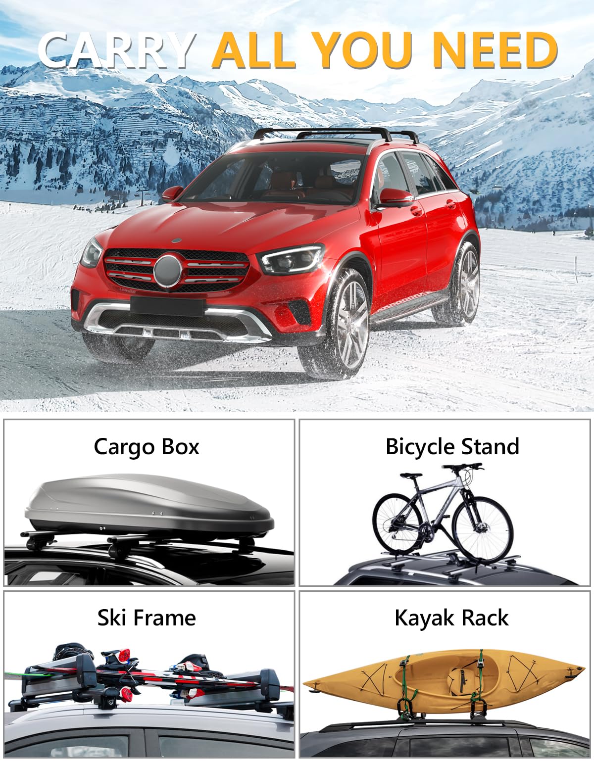 220lb Lockable Roof Rack Cross Bars Compatible with Mercedes Benz GLC 2016-2022 with Flush Side Rails