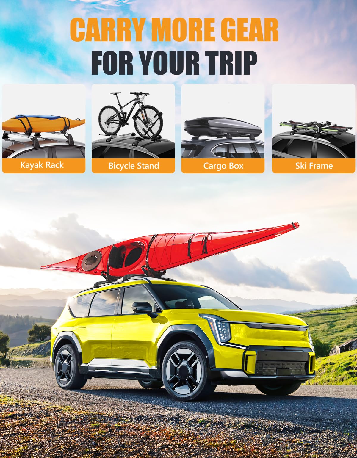 220lbs Lockable Roof Rack Cross Bars Compatible with Kia EV9 2024 2025 GT-Line (Not for Wind & Land) with Raised Side Rails