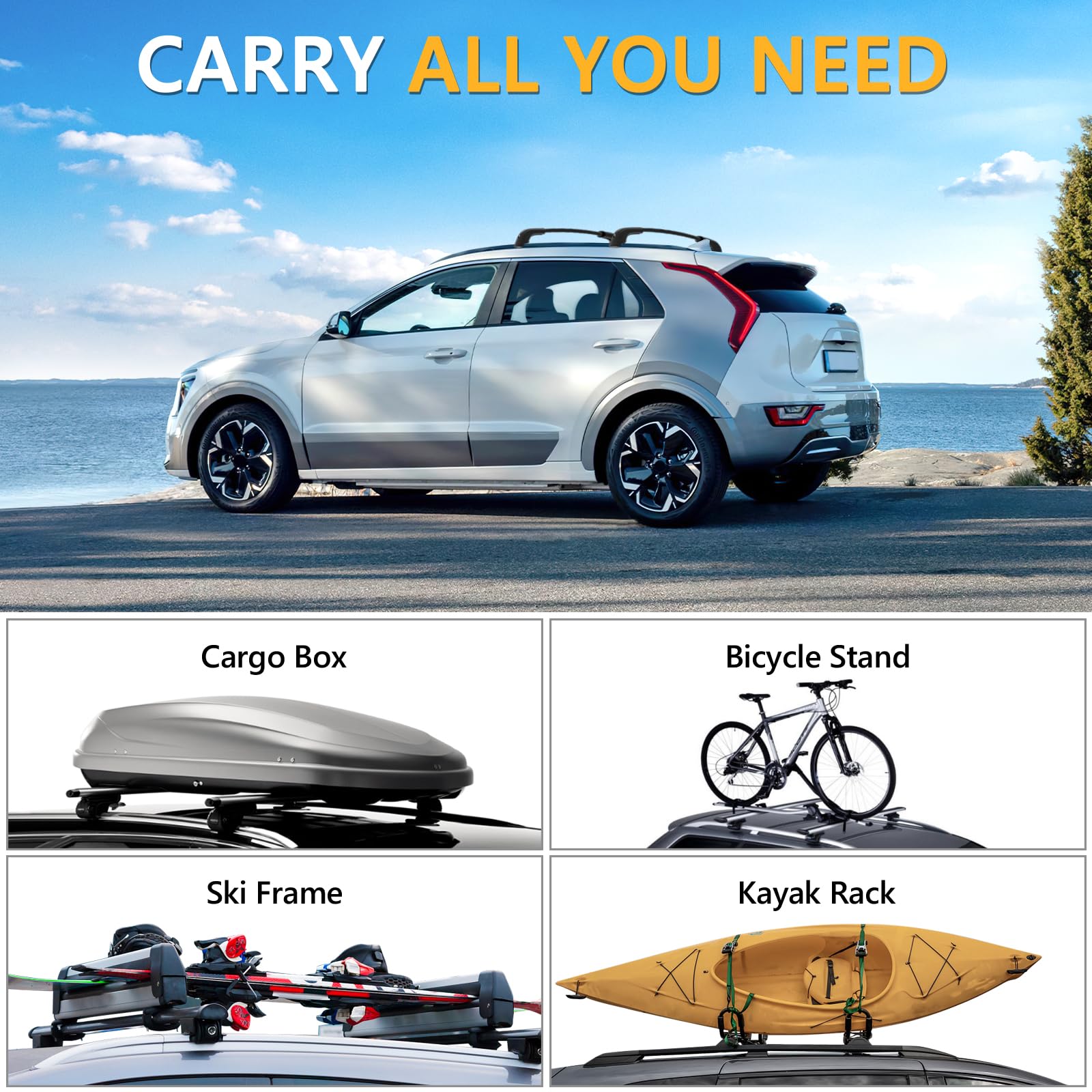 220lbs Lockable Roof Rack Cross Bars Compatible with Kia NIRO 2023 2024 2025 with Flush Side Rails