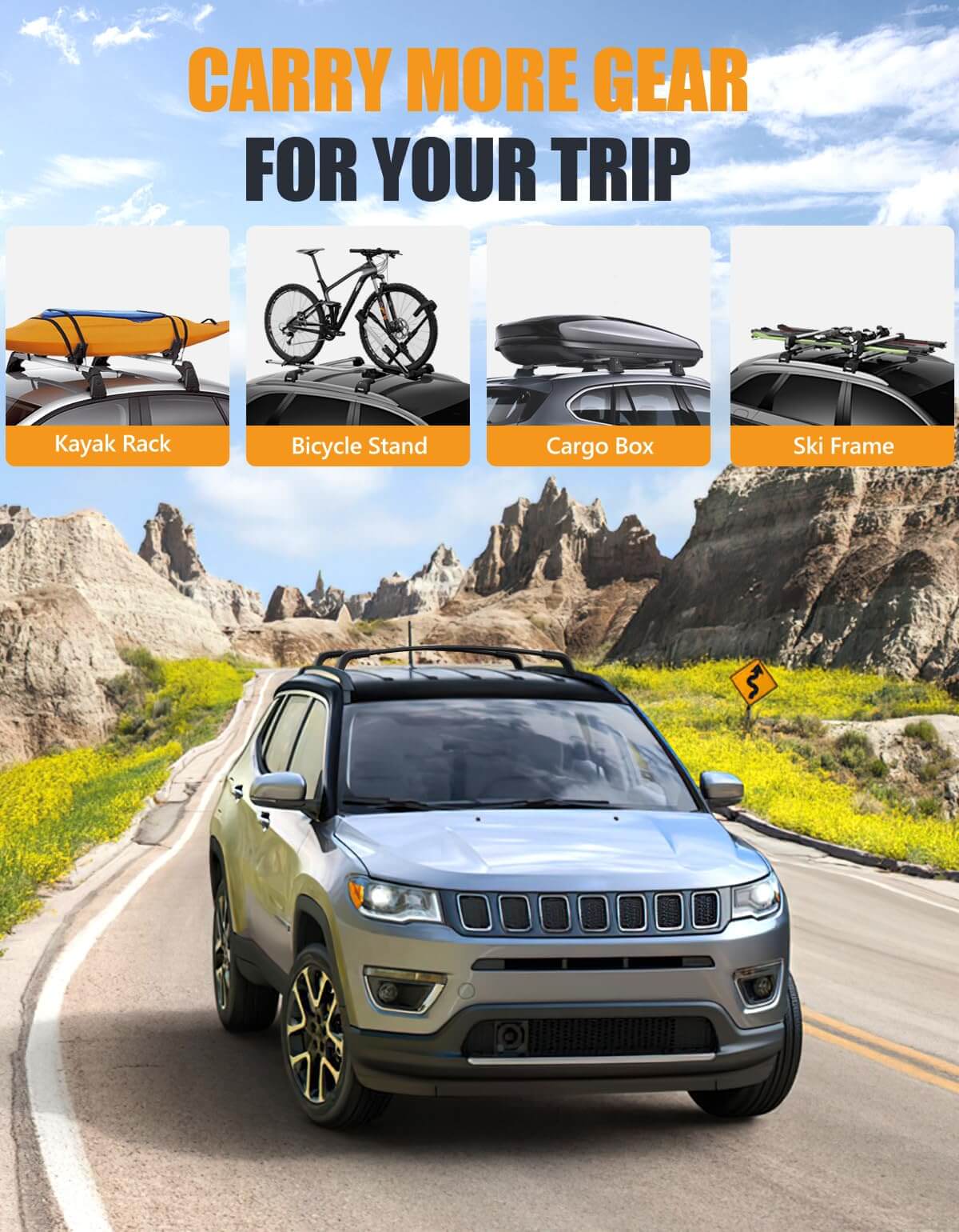 260lbs Lockable Roof Racks Cross Bars Compatible with Jeep Compass 2018-2025