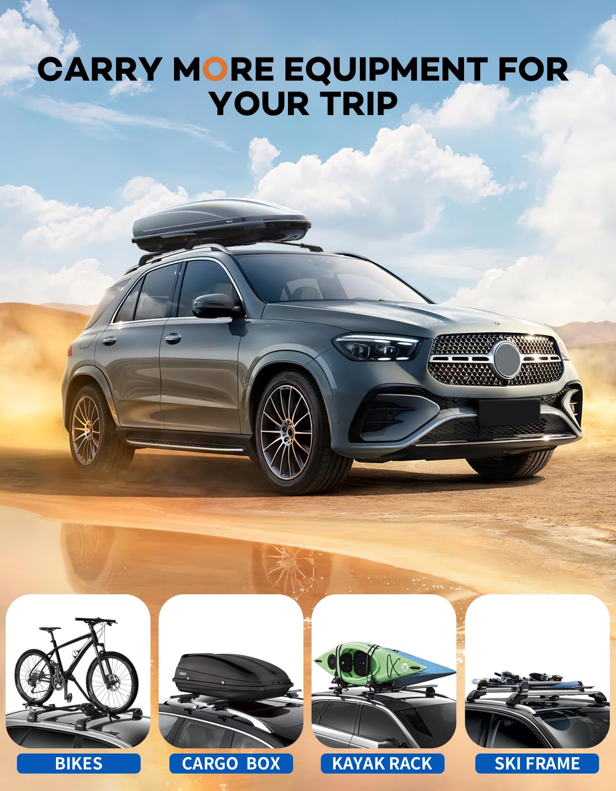 KINGGERI Roof Rack Cross Bars 220lbs Compatible with Mercedes Benz GLE 2015-2025 with Raised Side Rails