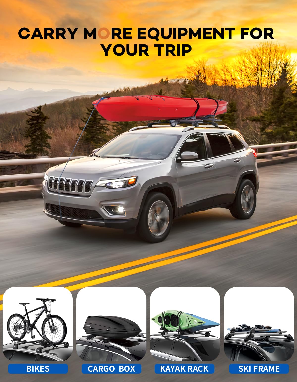 Lockable Roof Rack Cross Bars 220lbs Compatible with Jeep Cherokee 2014-2023