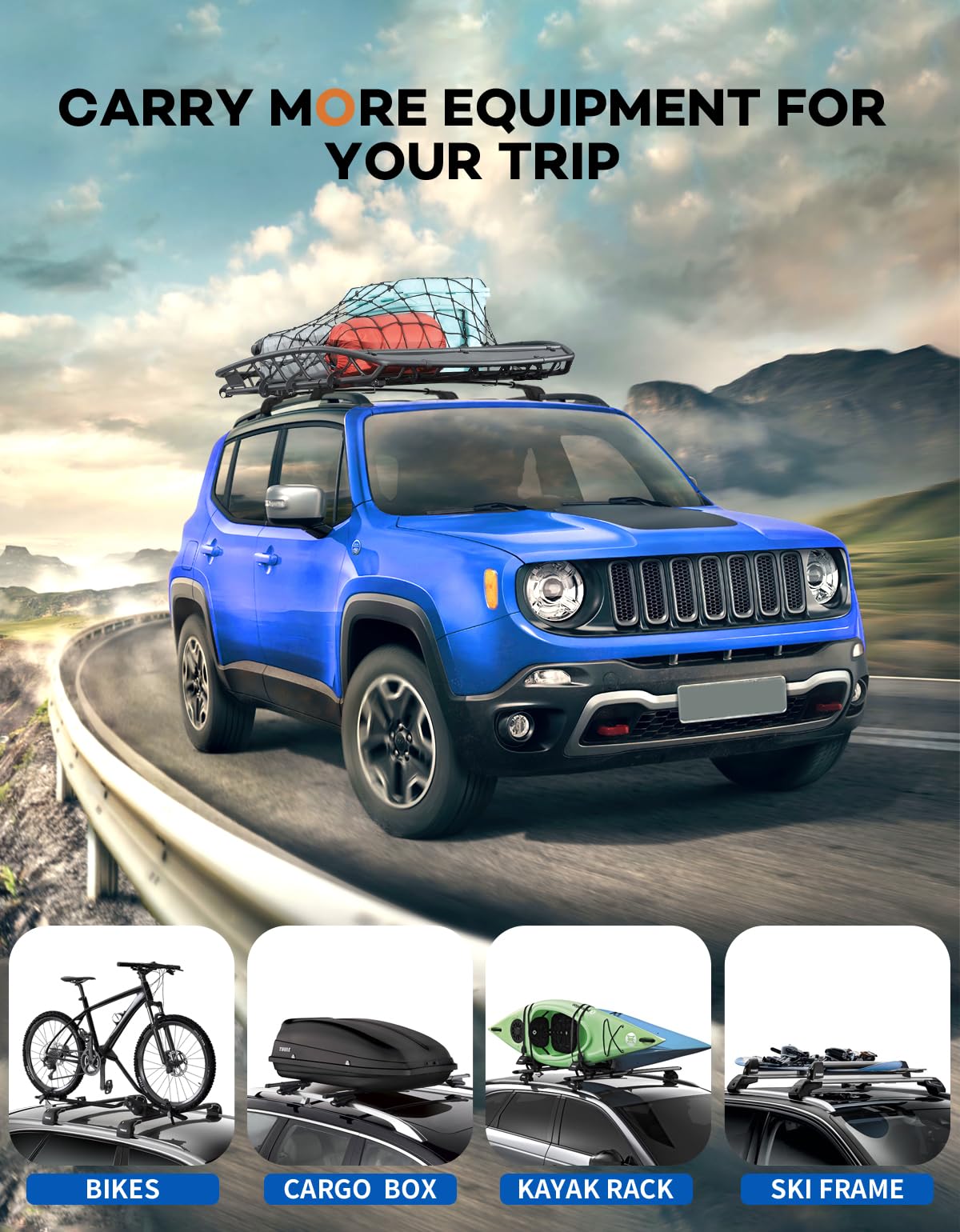 KINGGERI Lockable Roof Rack Cross Bars 220lbs Compatible with 2015-2024 Jeep Renegade (with Raised Side Rails)