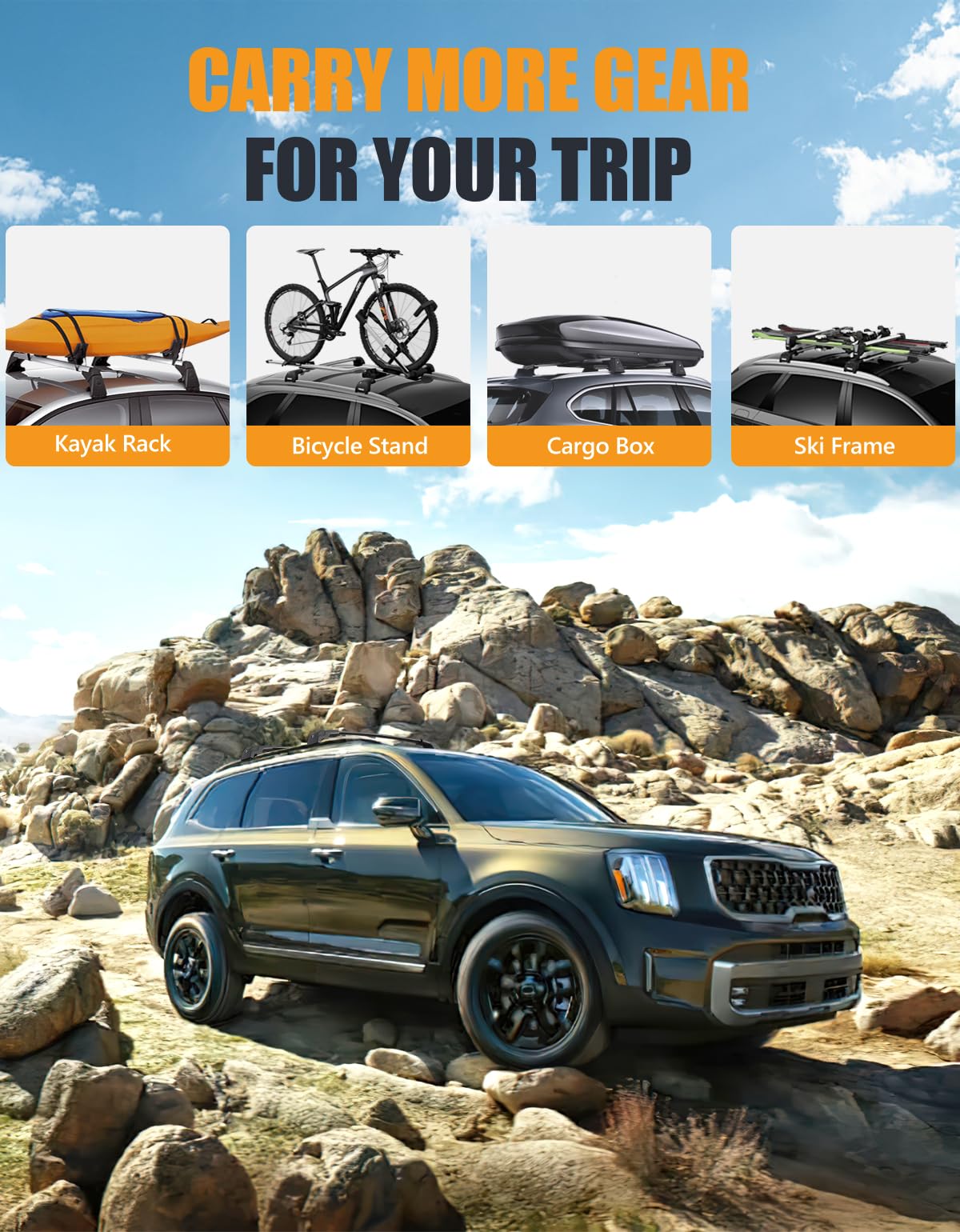 220lbs Lockable Roof Rack Cross Bars Compatible with Kia Telluride X-PRO X-LINE 2023-2025 with Raised Side Rails