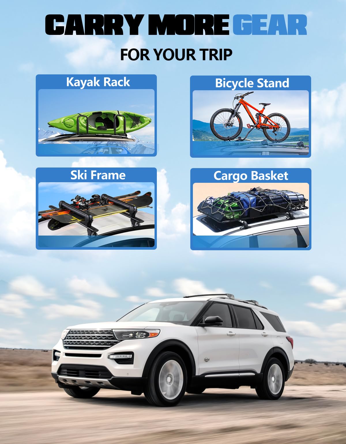 Lockable Roof Rack Cross Bars 220lb Compatible with Ford Explorer 2020 2021 2022 2023 2024 2025