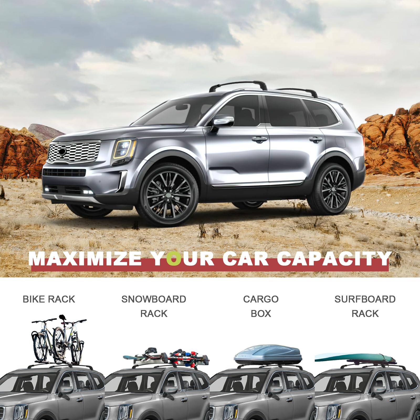 220lbs Lockable Roof Rack Cross Bars Compatible with Kia Telluride 2019 2020 2021 2022 2023 2024 2025 EX S SX SX-Prestige