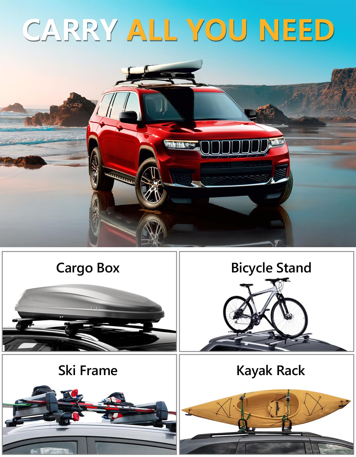 Lockable 260lbs Roof Rack Cross Bars Compatible with Grand Cherokee L 2021-2025 and 2022-2025 Grand Cherokee WL