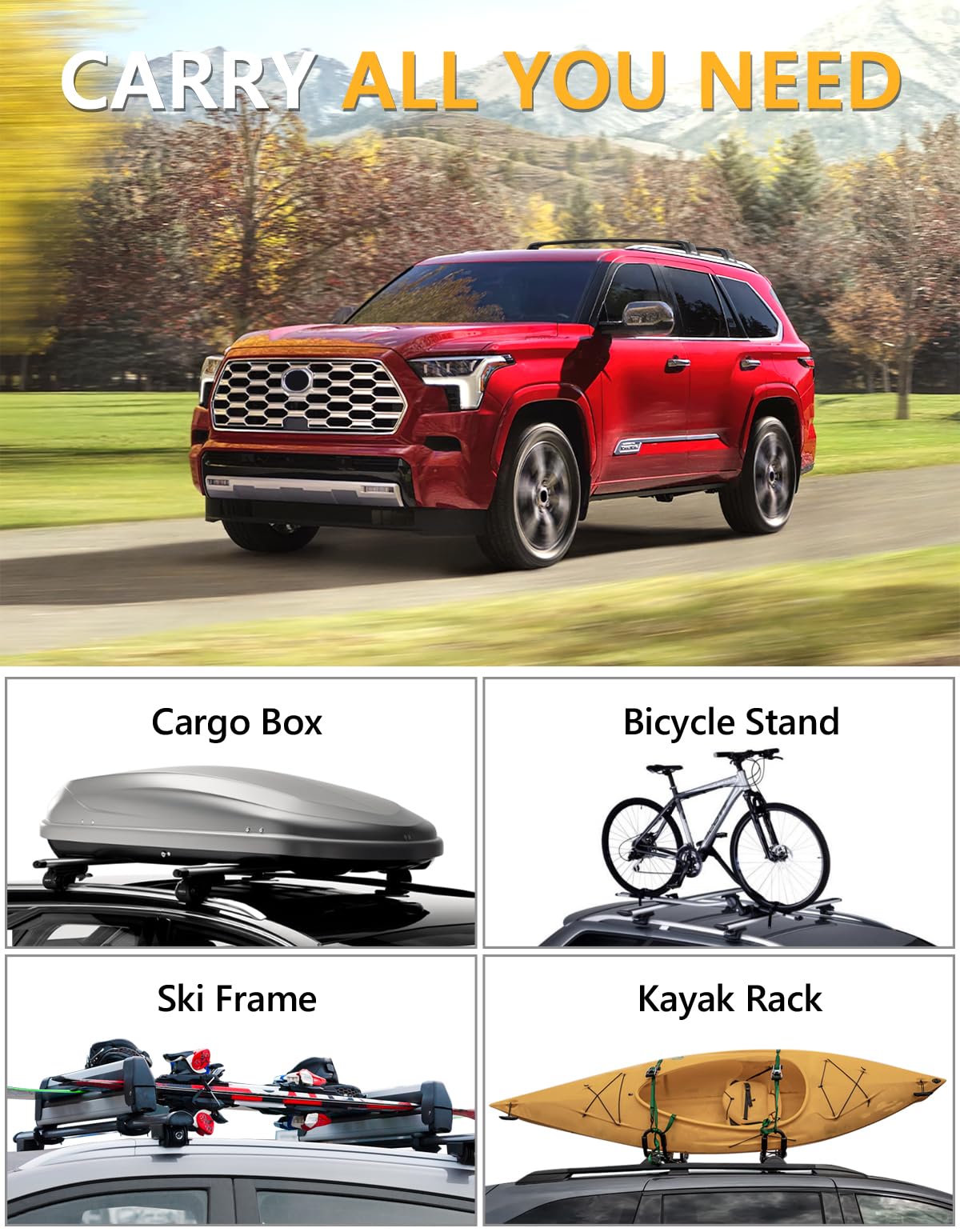 260lbs Lockable Roof Rack Cross Bars Compatible with Toyota Sequoia 2023-2025 with Flush Rails
