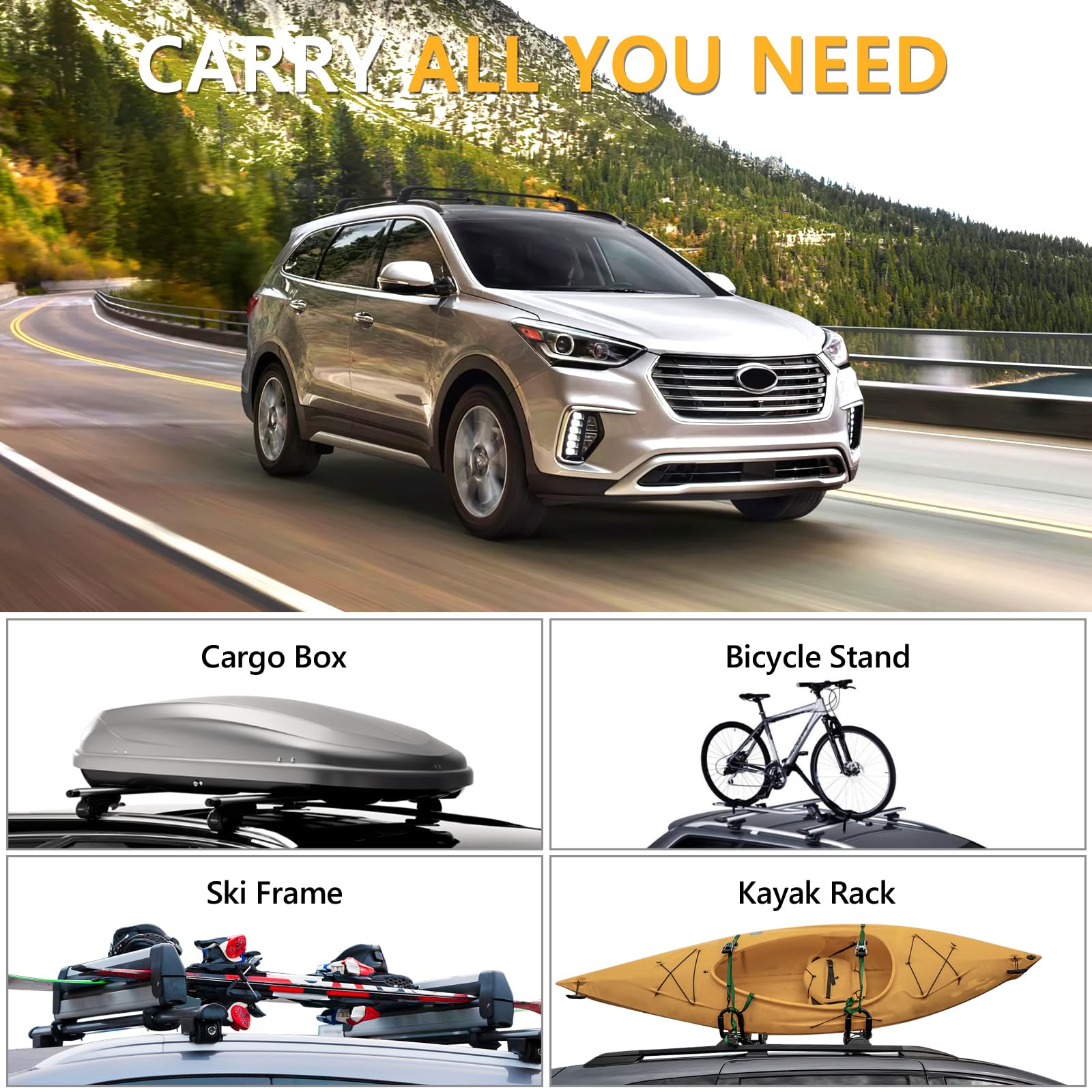 220lbs Lockable Roof Rack Cross Bars Compatible with Hyundai Santa Fe 2019 2020 2021 2022 2023