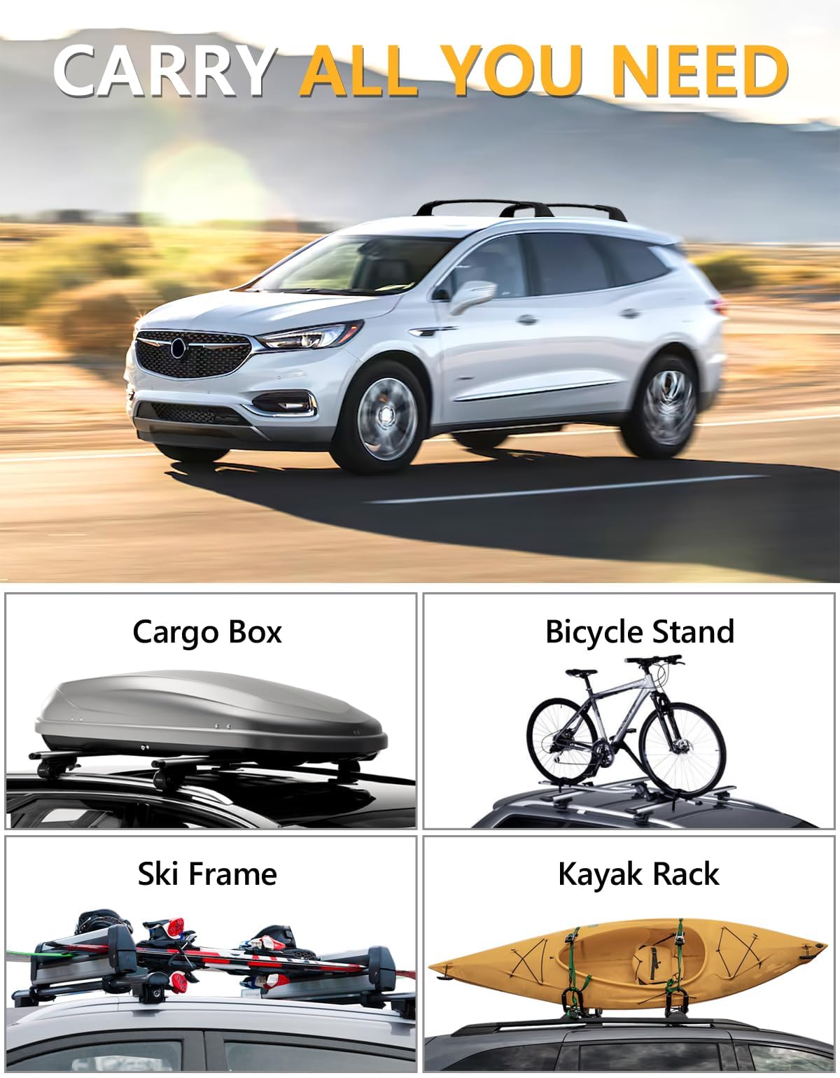 260lbs Lockable Roof Rack Cross Bars Compatible with Buick Enclave 2018-2024 (with Flush Side Rails)