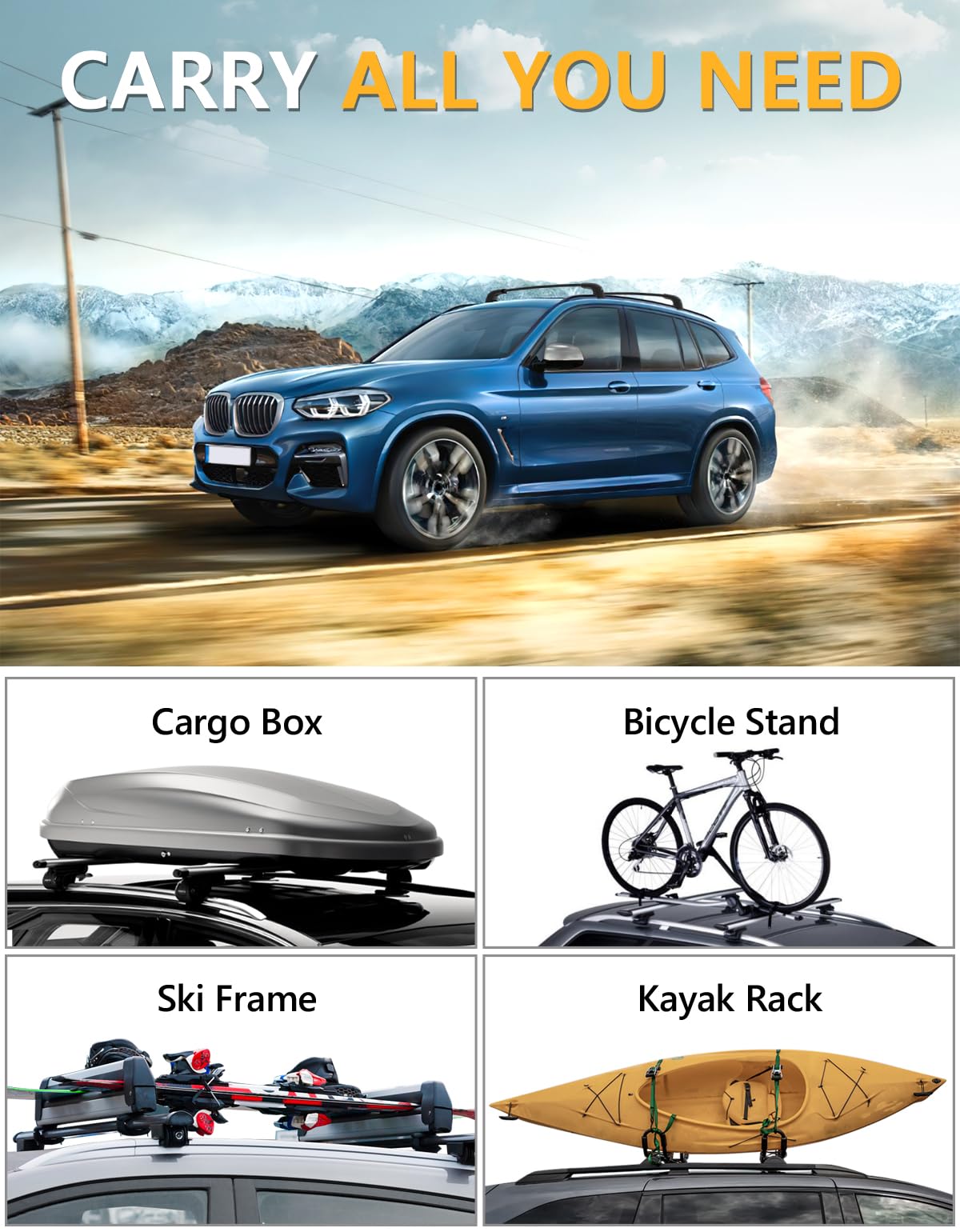 Lockable 220lbs Roof Rack Cross Bars Compatible with BMW X3 G01 2018 2019 2020 2021 2022 2023 2024 2025