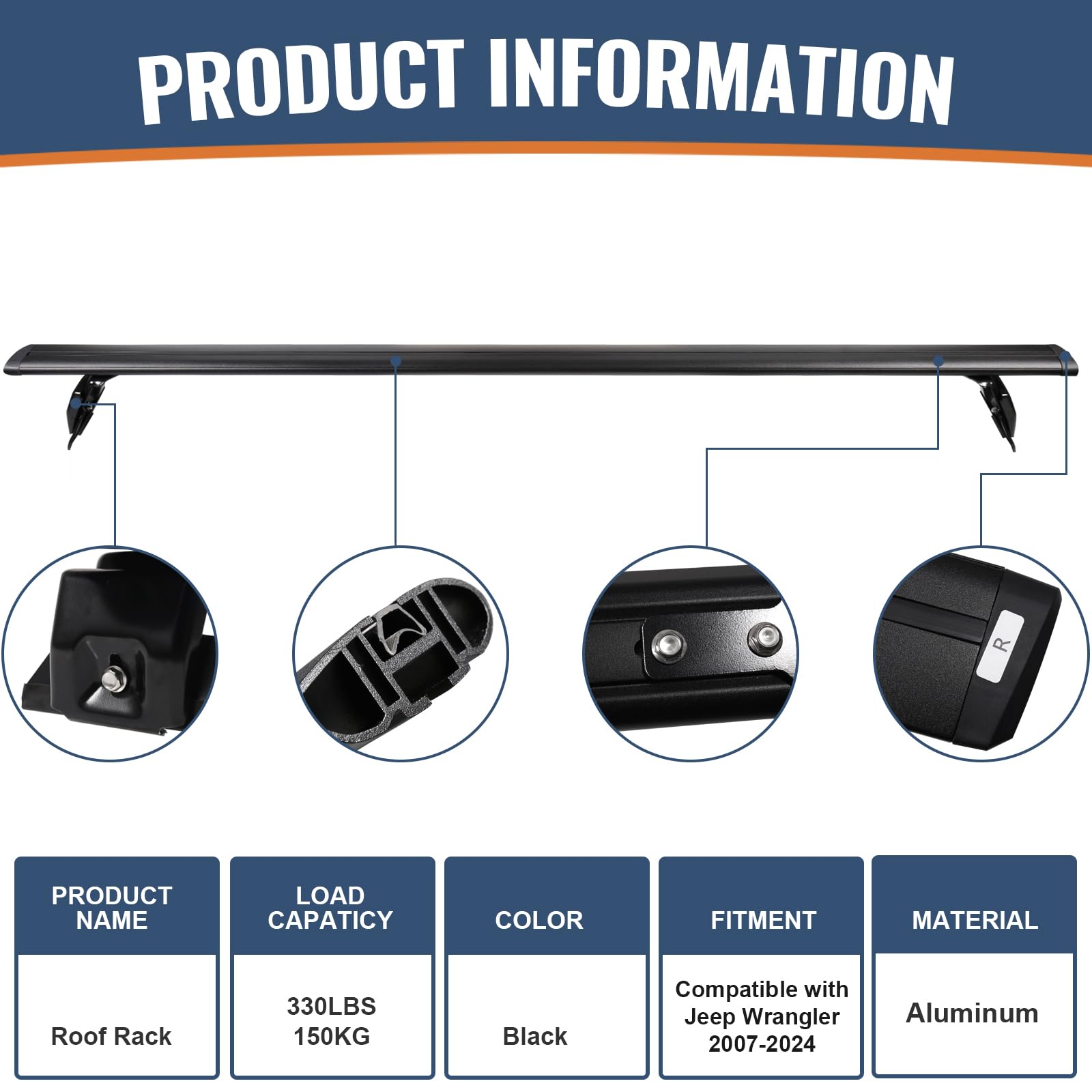 KINGGERI Heavy Duty 330lb Roof Rack Cross Bars Fit for Jeep Wrangler JK JL Gladiator JT 2007-2025, 2 & 4 Door Aluminum