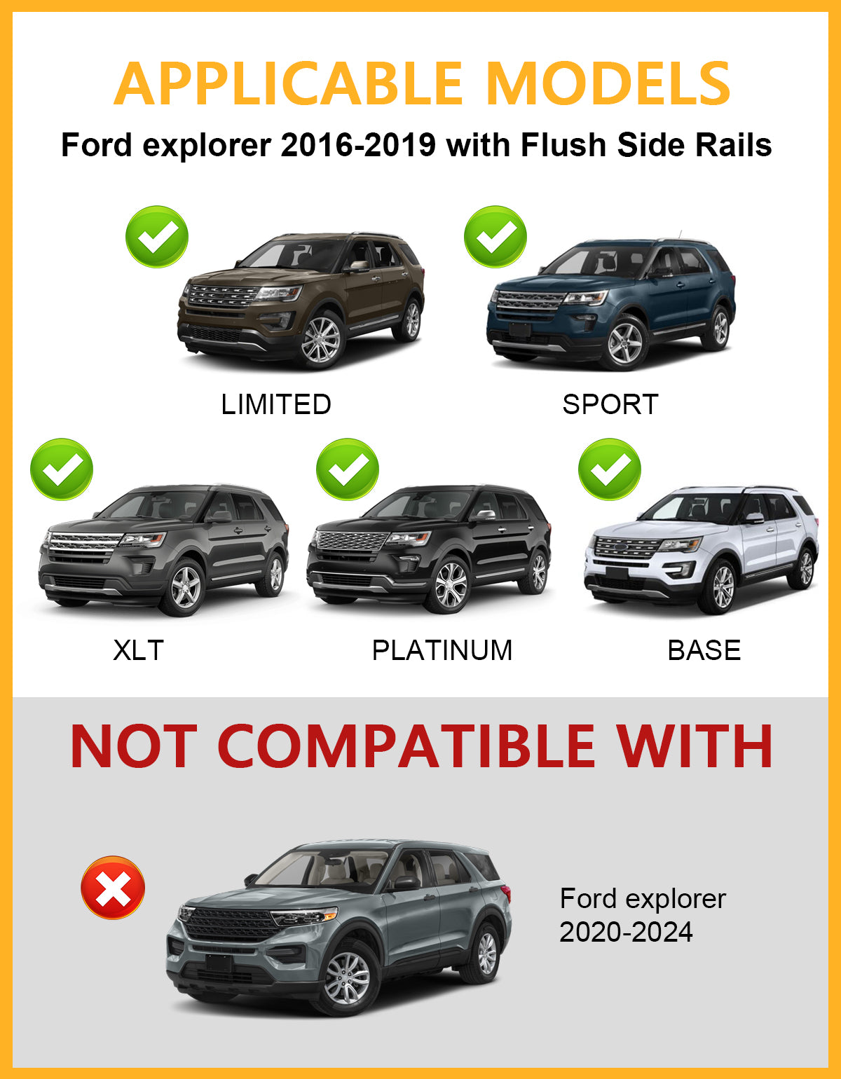 220lbs Roof Rack Cross Bars Compatible with Ford Explorer 2016 2017 2018 2019 (Base/XLT/Limited/Sport/Platinum)