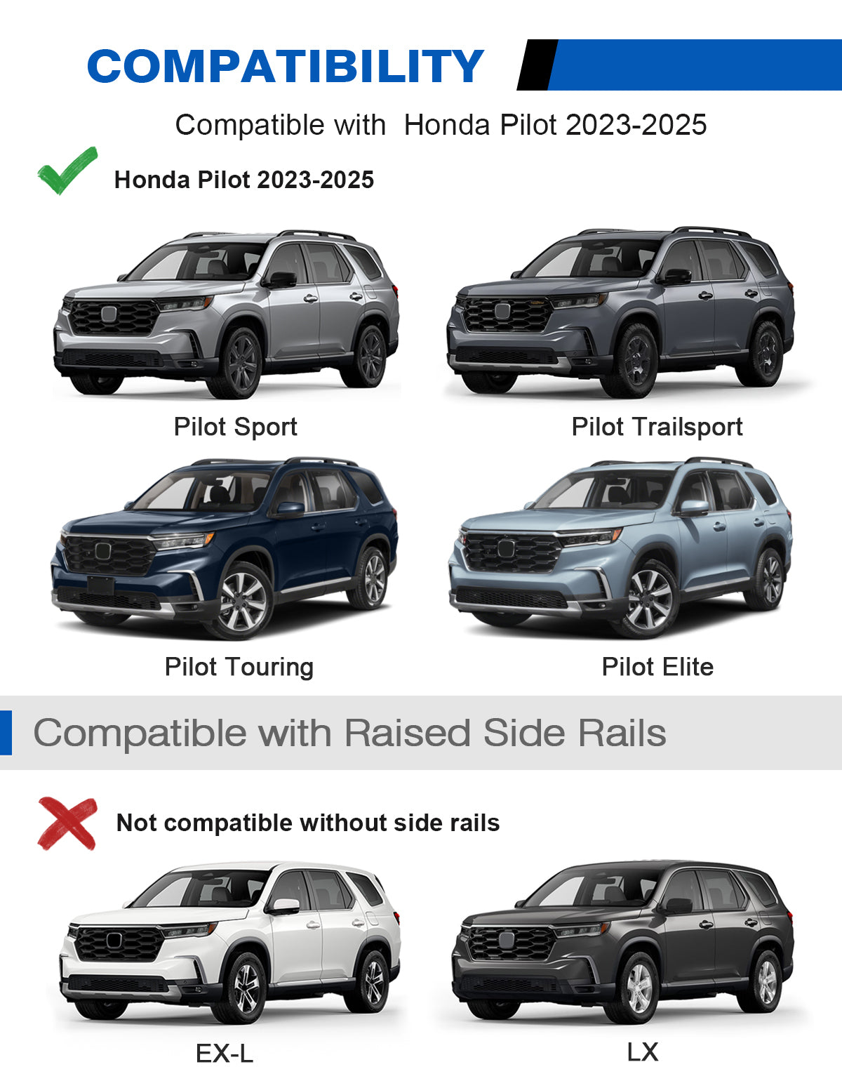 KINGGERI Roof Rack Cross Bars 220lbs Compatible with Honda Pilot 2023-2025 Elite Sport Touring Trailsport (Except LX and EX-L) with Raised Side Rails