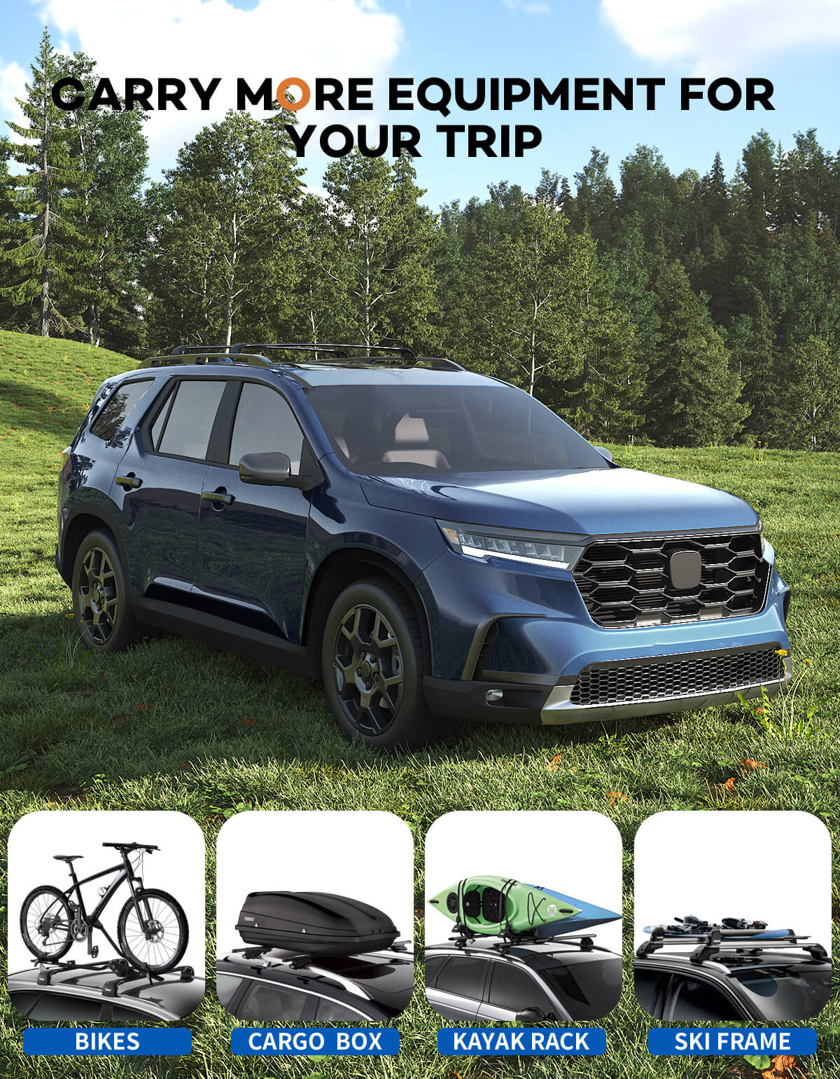 KINGGERI Roof Rack Cross Bars 220lbs Compatible with Honda Pilot 2023-2025 Elite Sport Touring Trailsport (Except LX and EX-L) with Raised Side Rails