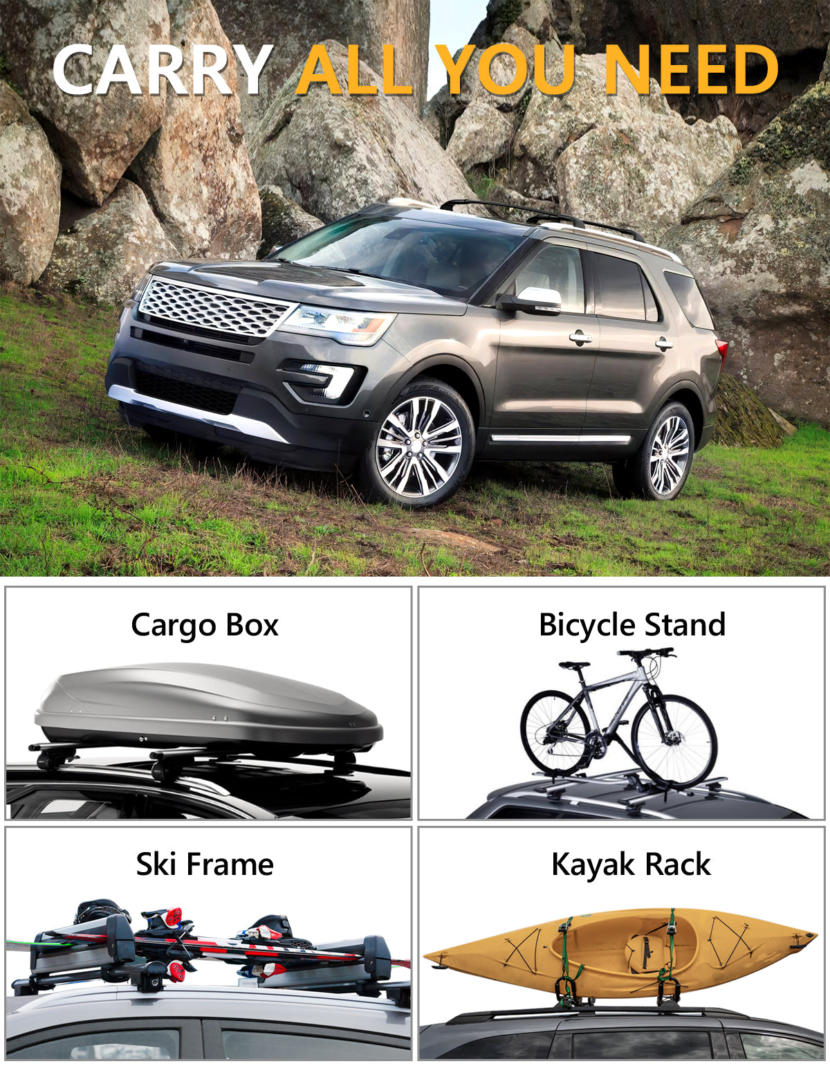 220lbs Roof Rack Cross Bars Compatible with Ford Explorer 2016 2017 2018 2019 (Base/XLT/Limited/Sport/Platinum)