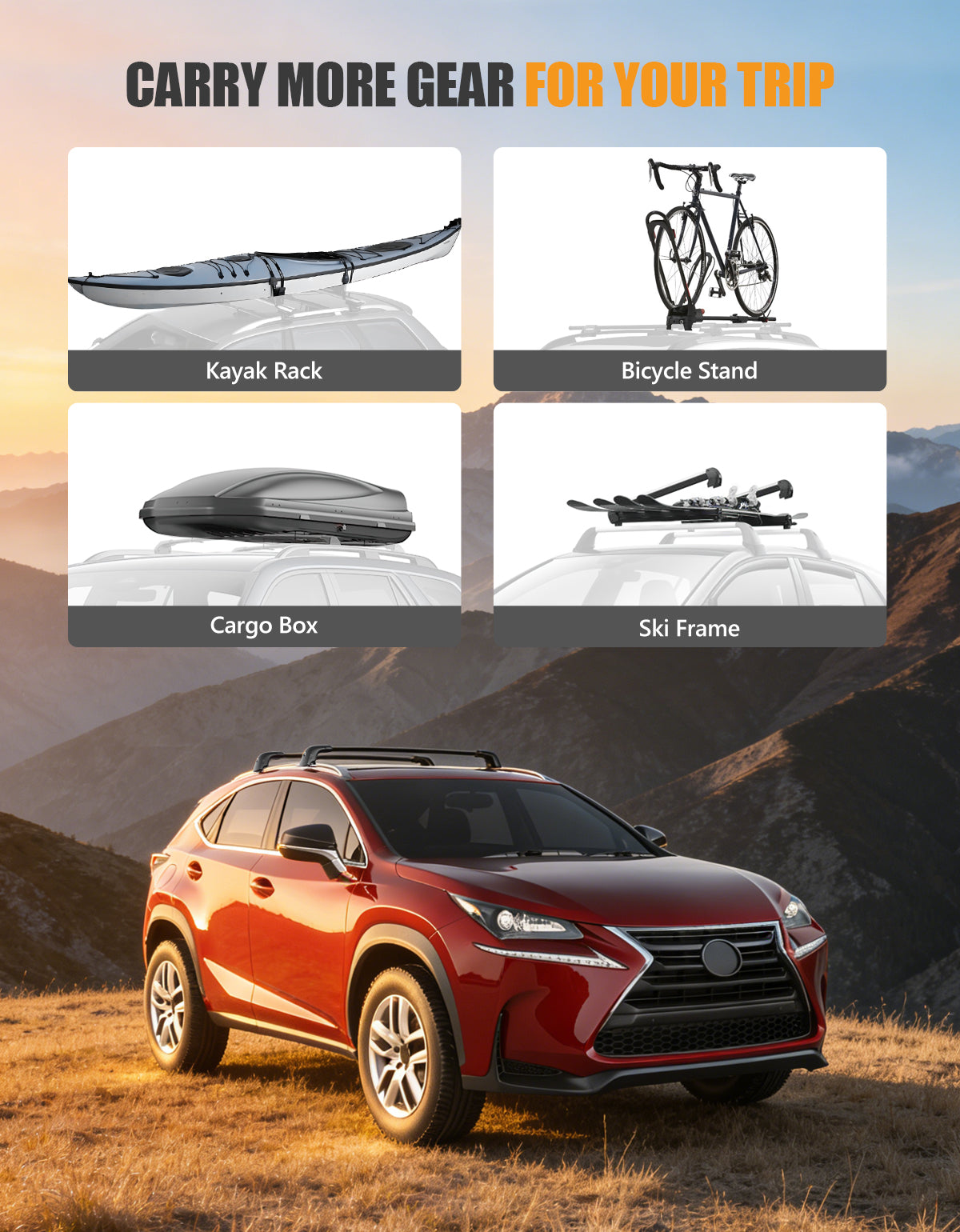 KINGGERI 300lbs Roof Rack Cross Bars - Compatible with Lexus NX NX200 NX200T NX300 NX300H 2015-2021 with Flush Side Rails