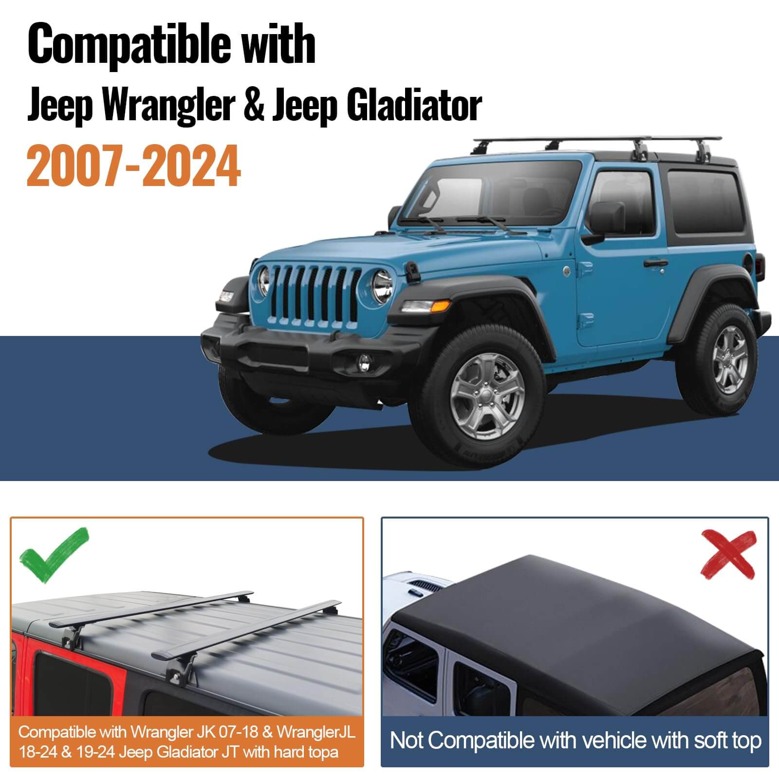 KINGGERI Heavy Duty 330lb Roof Rack Cross Bars Fit for Jeep Wrangler JK JL Gladiator JT 2007-2025, 2 & 4 Door Aluminum