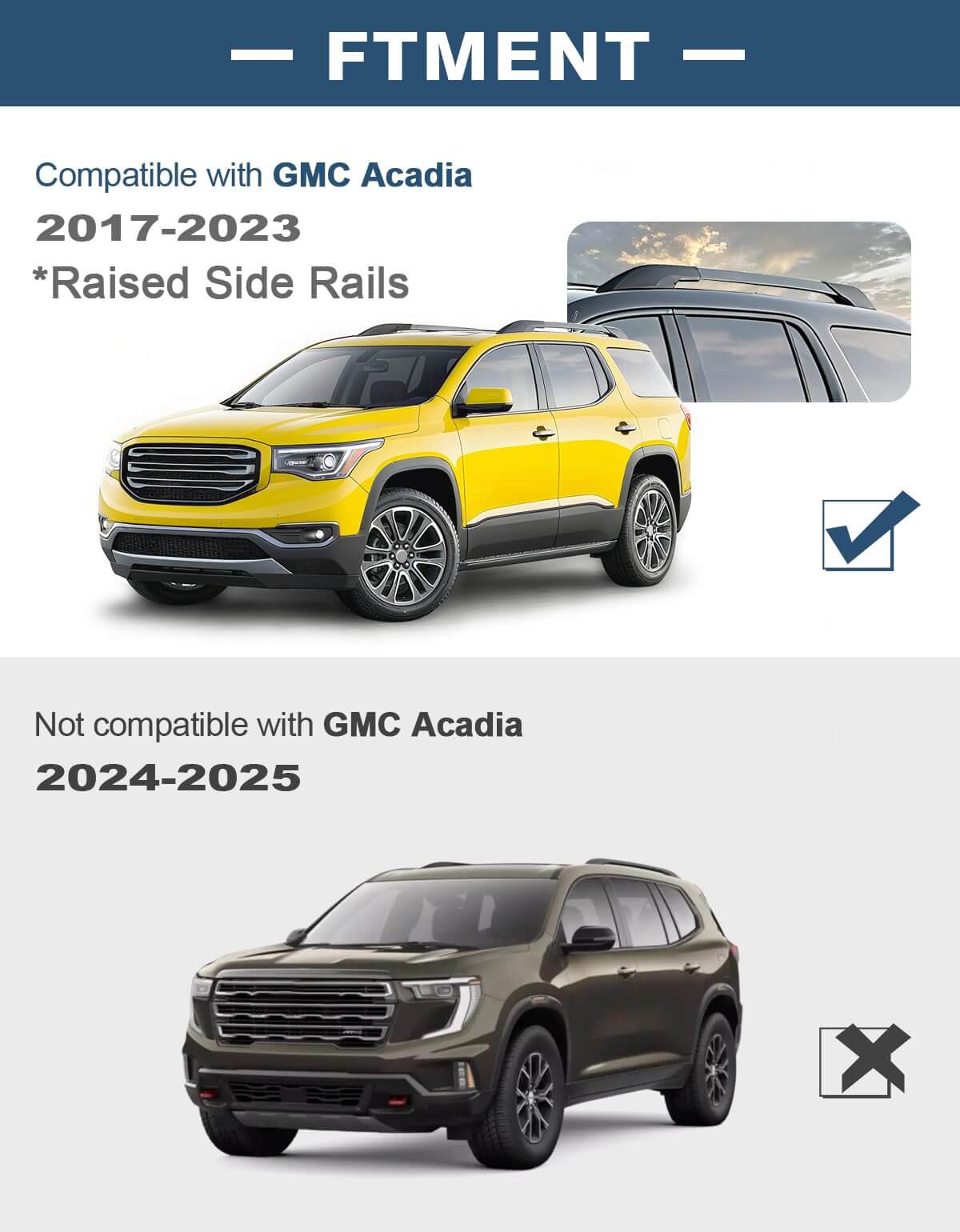 Roof Rack Cross Bars 220lbs Compatible with GMC Acadia 2017 2018 2019 2020 2021 2022 2023(with Raised Rails)