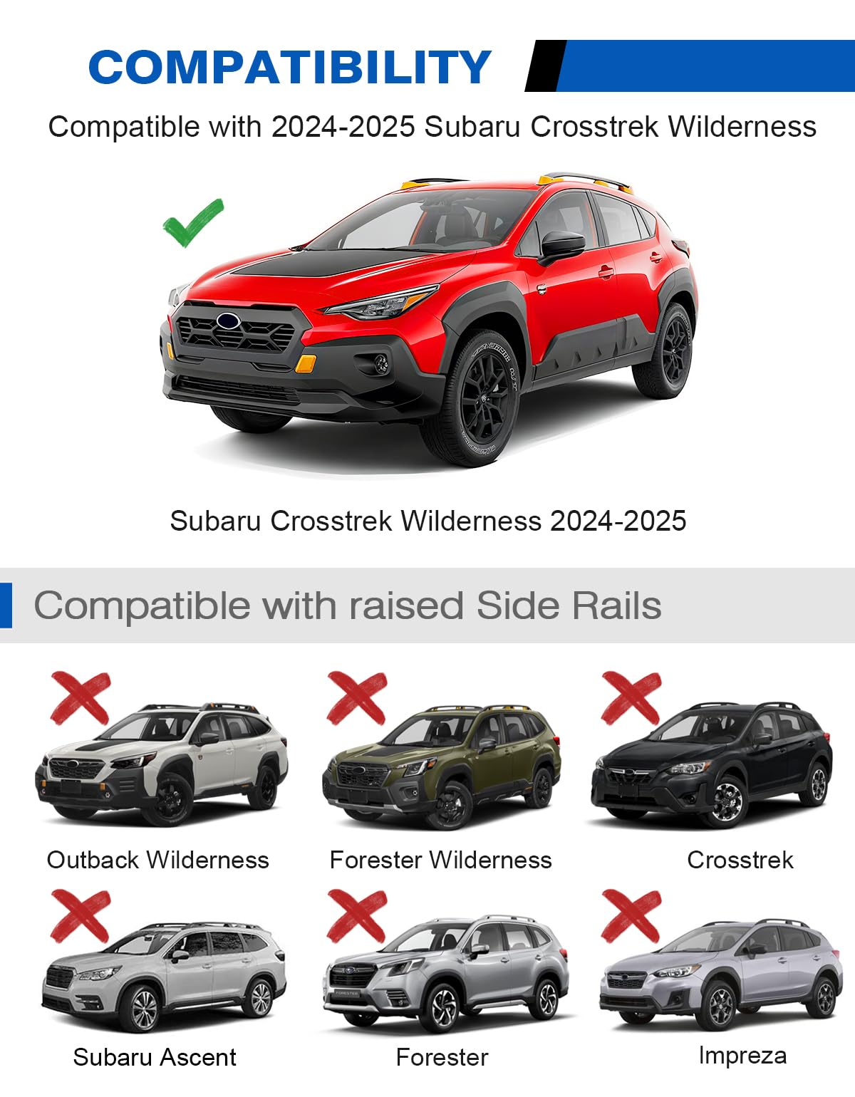 Roof Rack Cross Bars 260lbs Compatible with Subaru Crosstrek Wilderness 2024 2025 with Raised Side Rails